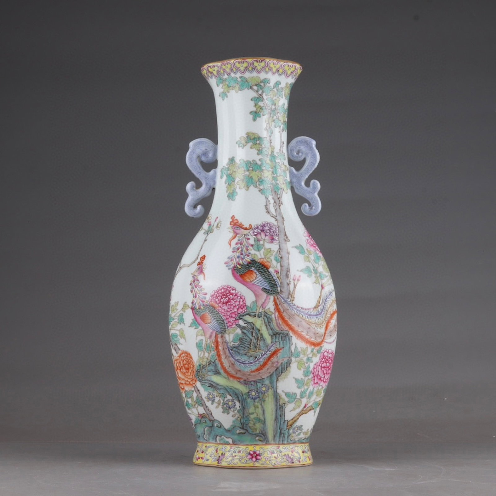 A Rare Enamel Flower and Phoenix Pattern Double-Ears Vase: A Rare Enamel Flower and Phoenix Pattern Double-Ears Vase,Qing Dynasty,China,Qianlong Six-character Mark,Size:13.9inx5.7in