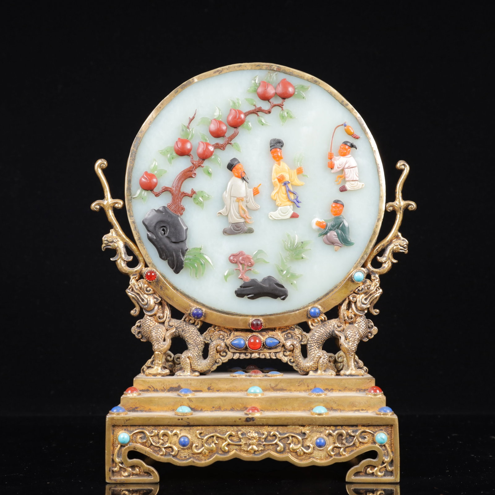 An Exquisite Silver-gilt Inlaid White Jade Figure Pattern Table Screen, Inlaid Gems: An Exquisite Silver-gilt Inlaid White Jade Figure Pattern Table Screen, Inlaid Gems,Qing Dynasty, China,Qianlong Four-character Mark,Size:9.4inx6.3inx3.9in,Weight:1650g 银鎏金嵌