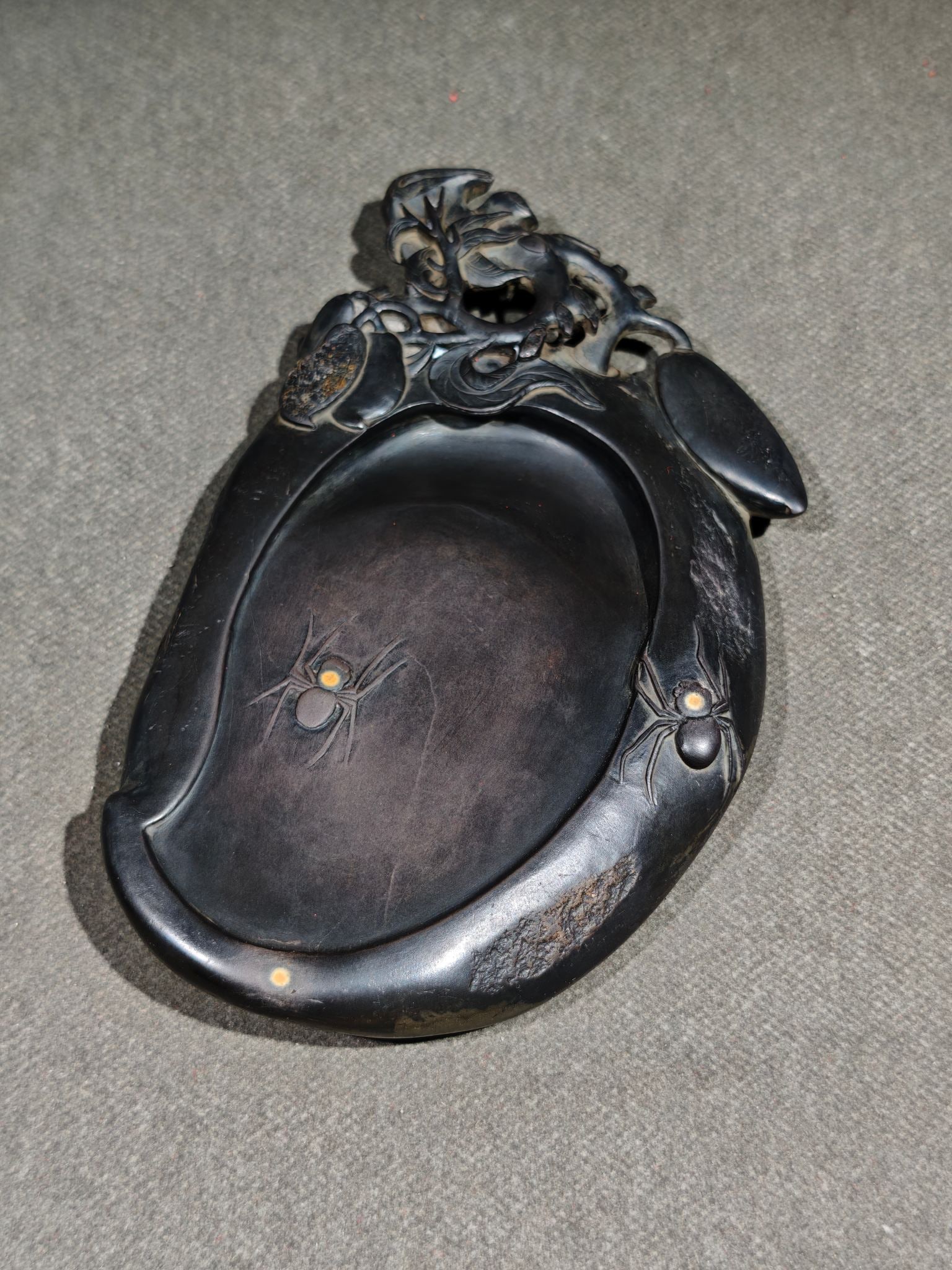 An Exquisite Flower and Spider Pattern Inkstone,With Poem: An Exquisite Flower and Spider Pattern Inkstone,With Poem,Qing Dynasty, China,Xu Jun Mark,Size:(Inkstone)6.3inx3.9inx0.6in 花卉蜘蛛纹砚台,带诗
