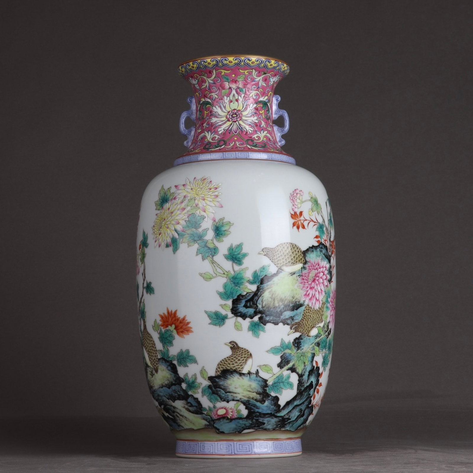 A Rare Famille-Rose Flower and Bird Pattern Double-Ears Vase: A Rare Famille-Rose Flower and Bird Pattern Double-Ears Vase,Qing Dynasty,China,Qianlong Six-character Mark,Size:12.7inx6.5in