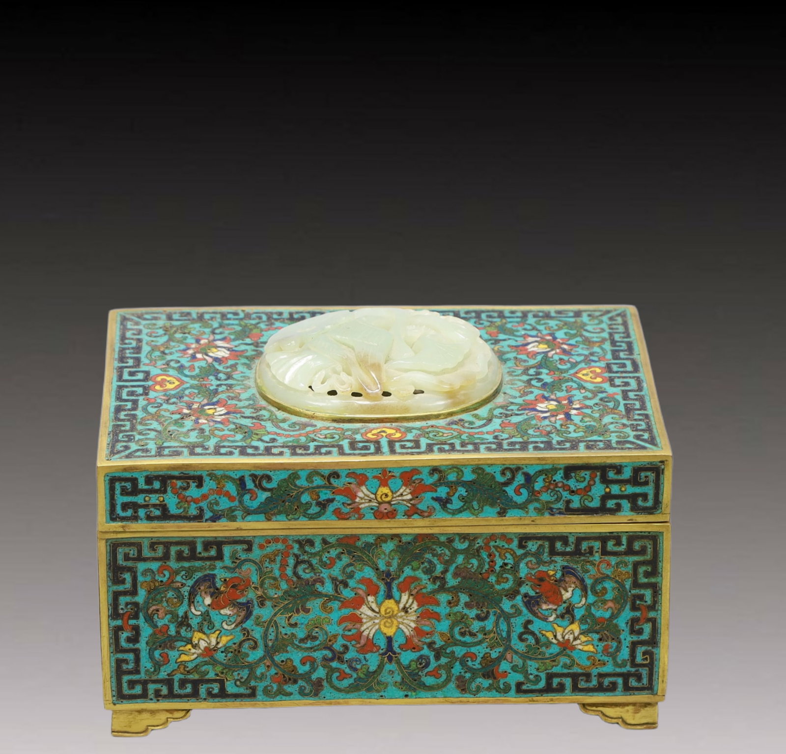 An Exquisite Cloisonne Inlaid White Jade Lotus Pattern Cover Box (1 of 9)