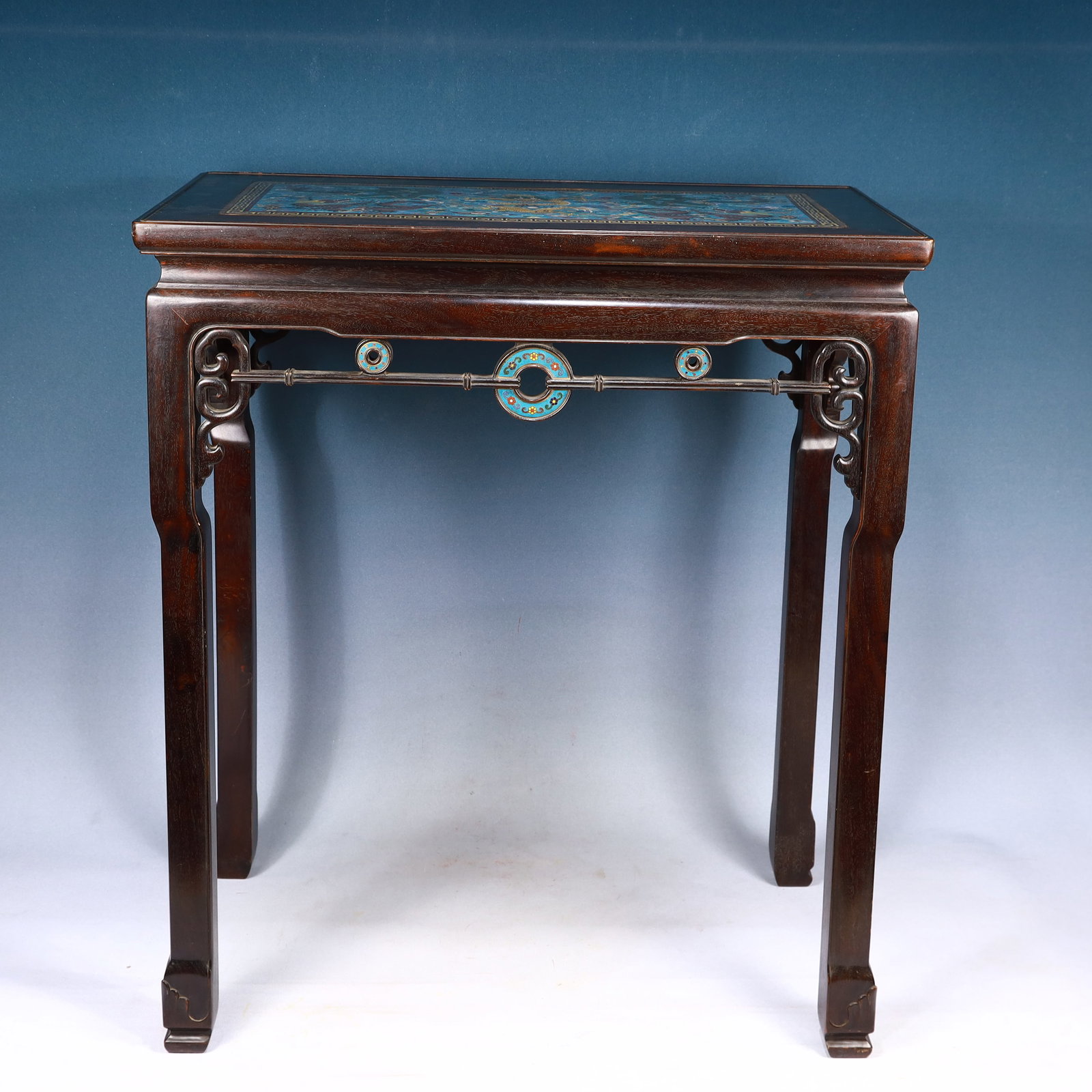 A Huge Zitanwood Inlaid Cloisonne Auspicious Cloud and Dragon Pattern Table: A Huge Zitanwood Inlaid Cloisonne Auspicious Cloud and Dragon Pattern Table,Qing Dynasty, China,Size:26.8inx15inx31.5in,Weight:12750g 紫檀木嵌景泰蓝祥&#