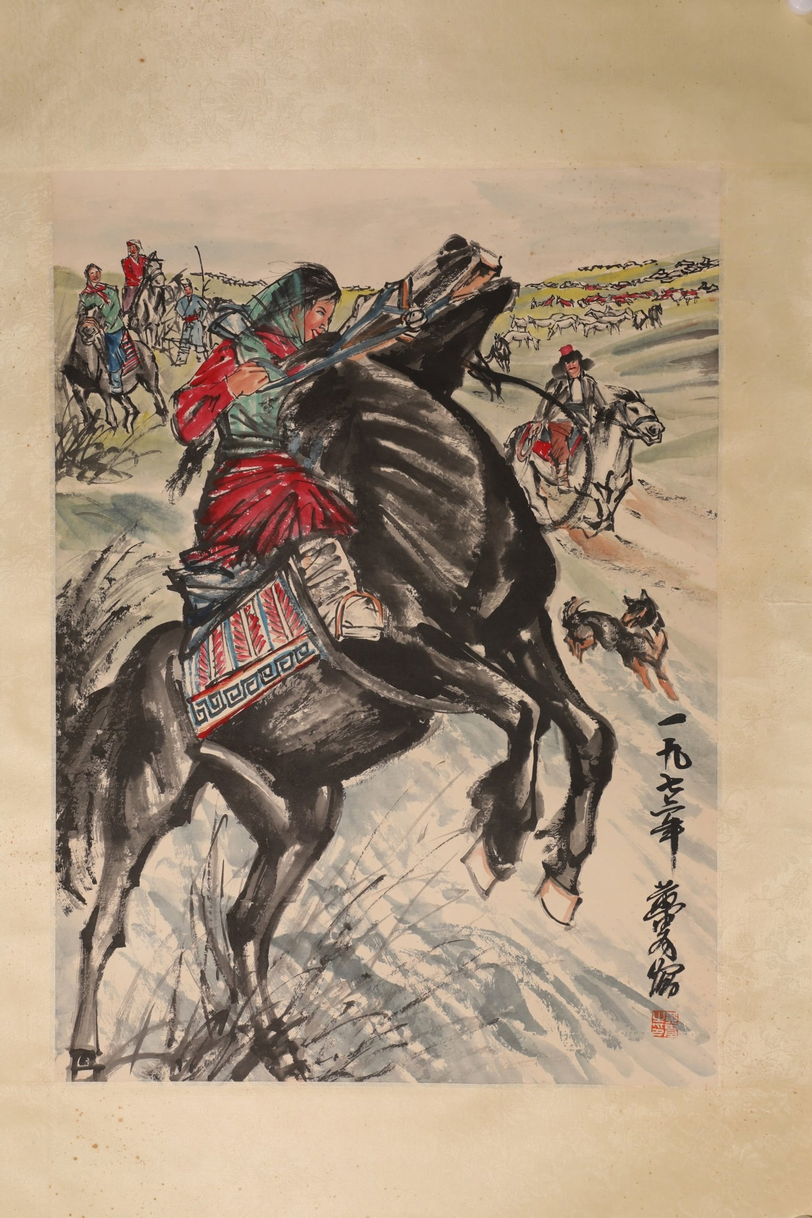 A Chinese Vertical Scroll Ink Painting of Figure Riding Horse on Paper: A Chinese Vertical Scroll Ink Painting of Figure Riding Horse on Paper,Huang Zhou,Size:26.4inx19.3in 一幅中国水墨人物骑马画立