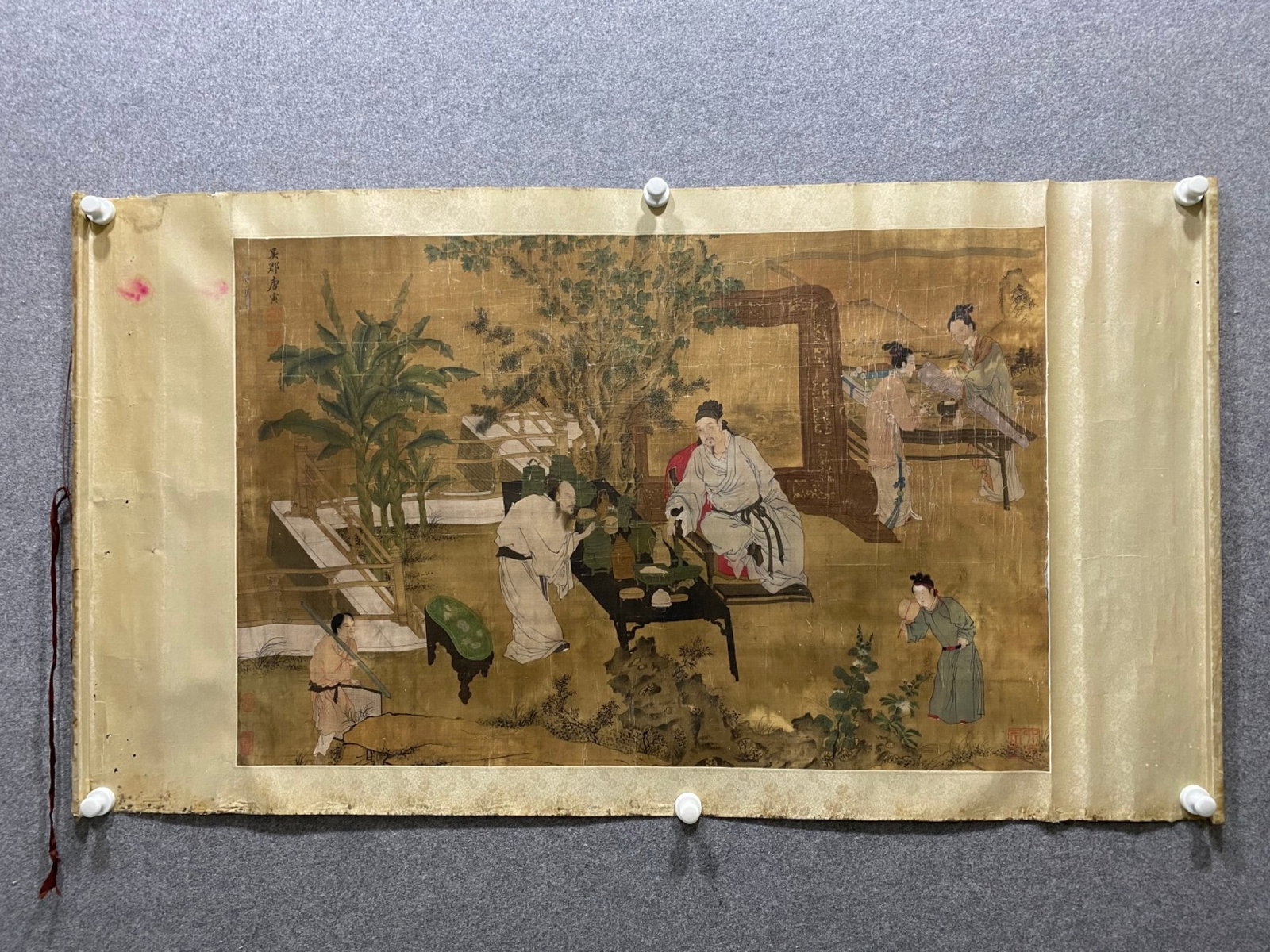 A Chinese Ink Painting of Character and Story on Paper: A Chinese Ink Painting of Character and Story on Paper,Tang Yin,Size:26inx39.8in 一幅中国水墨绢本人物故事画,唐भ