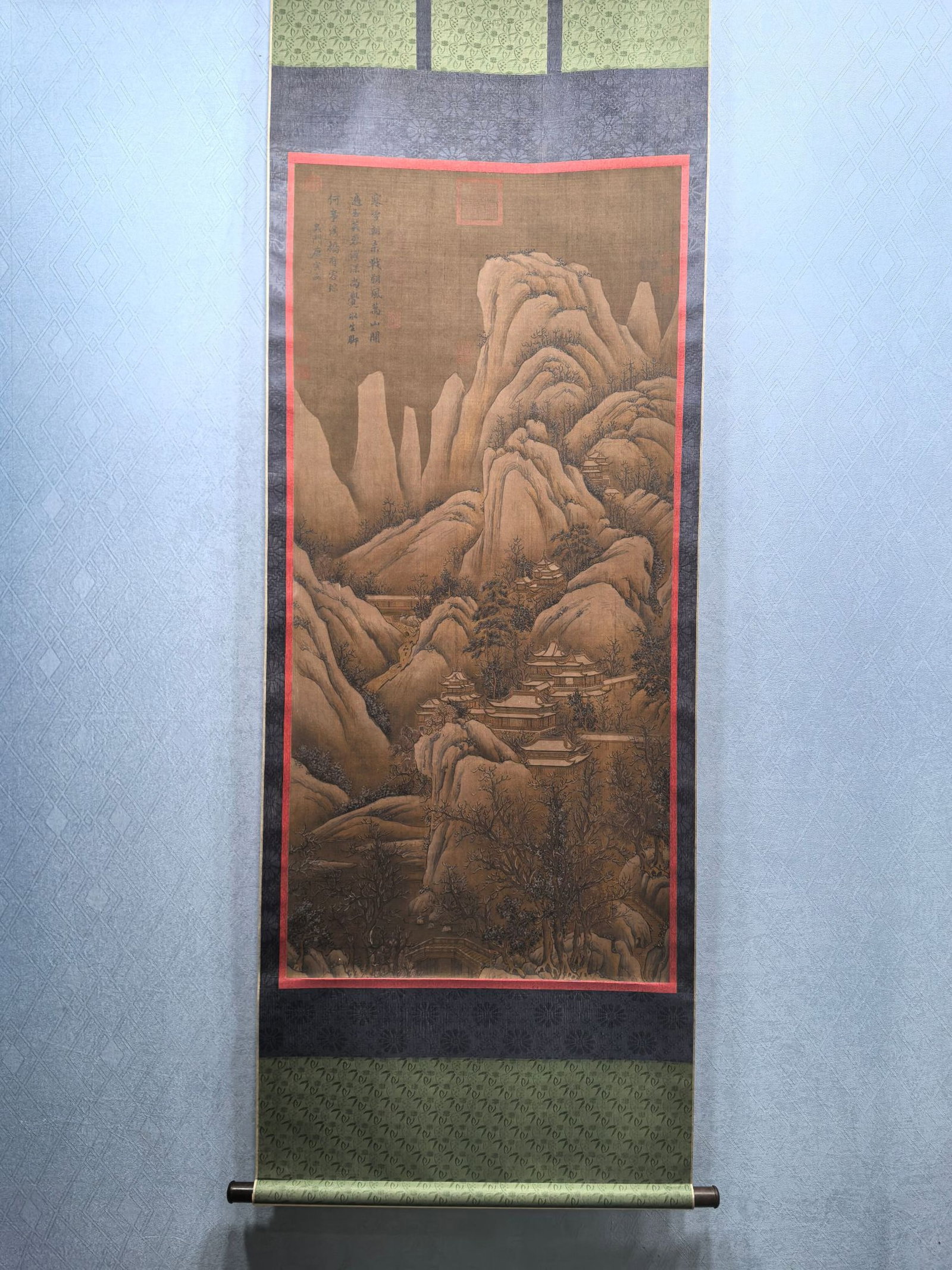 A Chinese Vertical Scroll Ink Painting of Landscape on Silk: A Chinese Vertical Scroll Ink Painting of Landscape on Silk,Tang Yin,Size:25.4inx54in 一幅中国水墨绢本山水画立轴,唐&