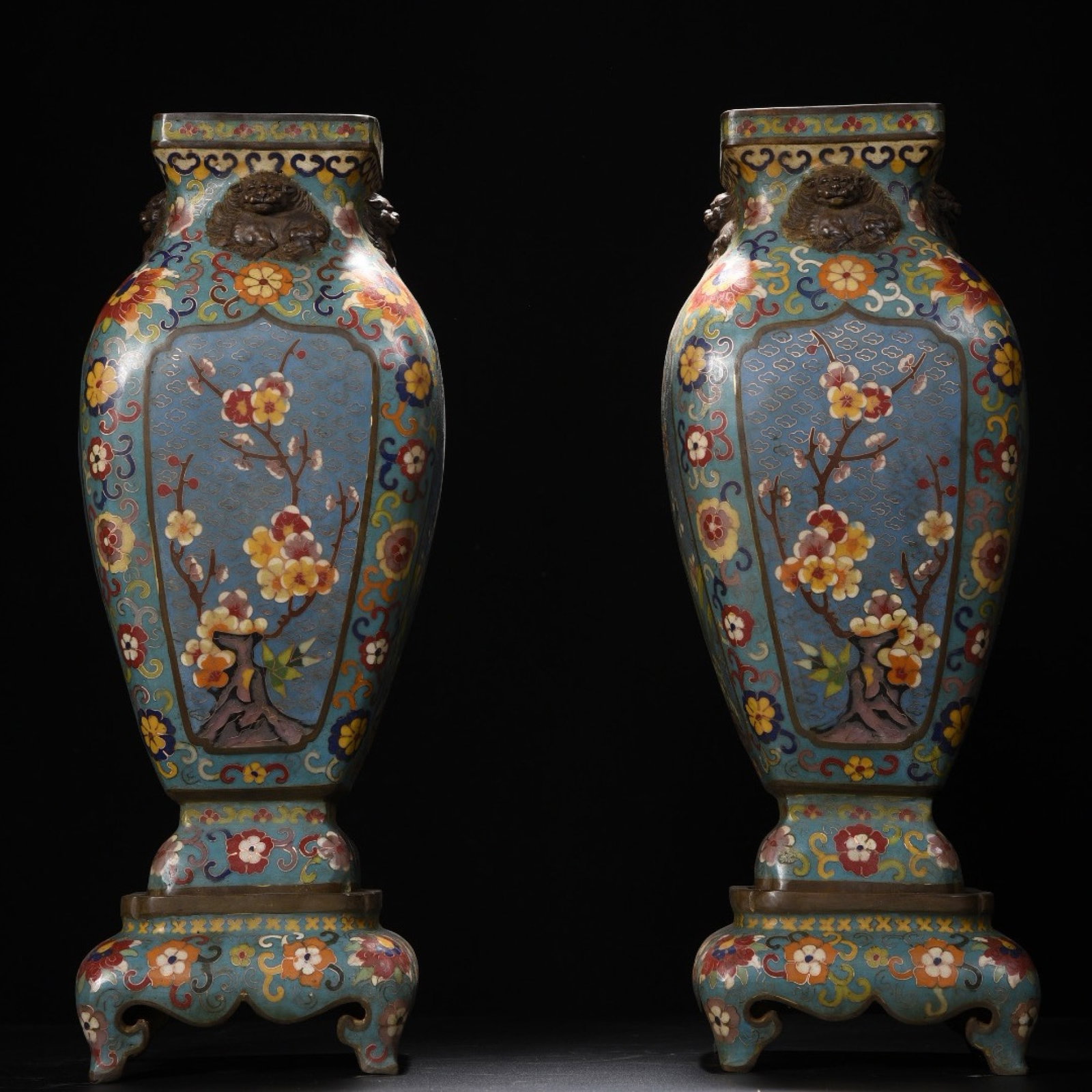 A Pair of Exquisite Cloisonne Plum Blossom,Orchid,Bamboo and Chrysanthemum Pattern Vases: A Pair of Exquisite Cloisonne Plum Blossom,Orchid,Bamboo and Chrysanthemum Pattern Vases,Qing Dynasty,China,Qianlong Four-Character Mark,Size:17.3inx6.3in,Weight:11065g 一对景泰