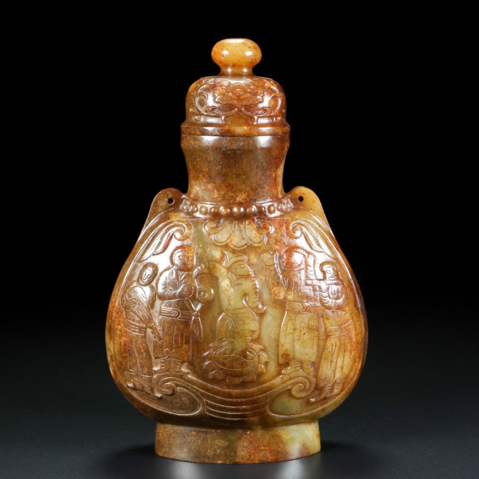 An Archaic Gaogu yu Figure Pattern Vase: An Archaic Gaogu yu Figure Pattern Vase,Ancient Time, China, Size:4.7inx2inx7.5in, Weight:630g 高古玉人物纹瓶,中国远古时期
