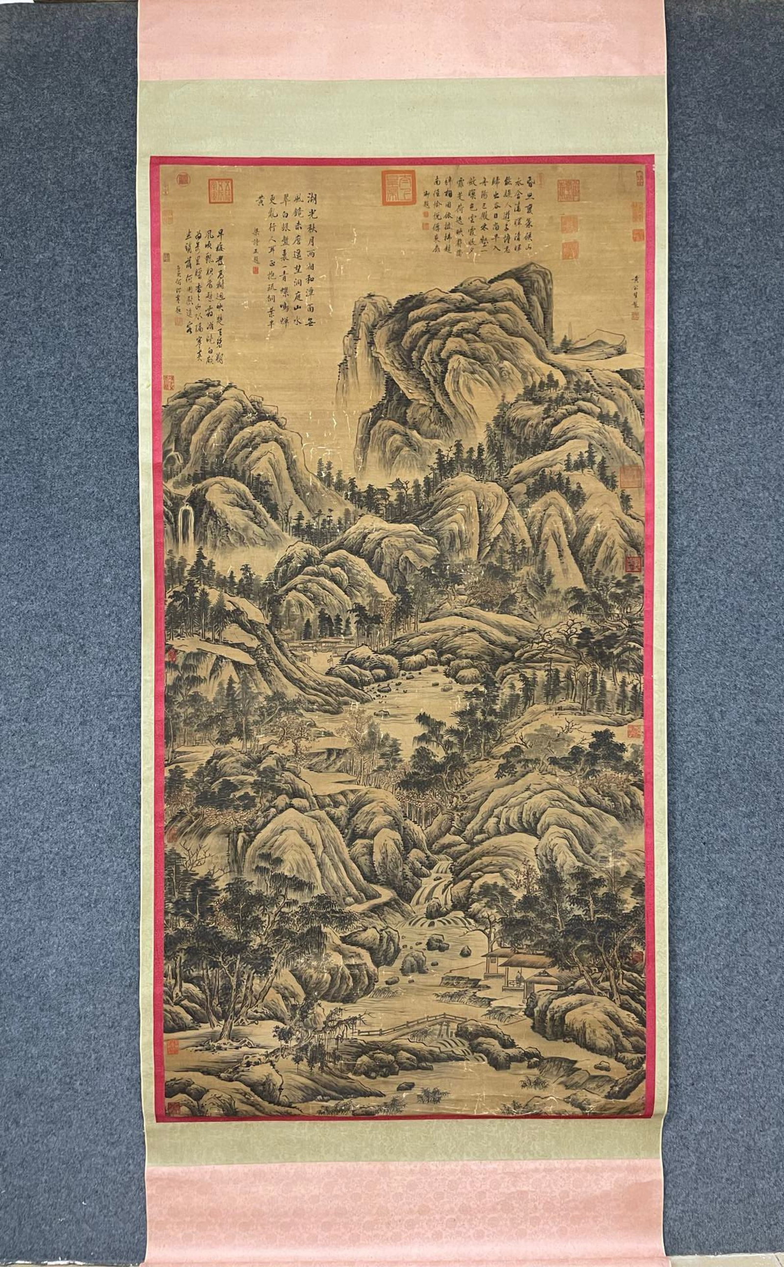 A Chinese Vertical Scroll Ink Painting of Landscape on Silk: A Chinese Vertical Scroll Ink Painting of Landscape on Silk,Huang Gongwang,Size:39inx76.8in 一幅中国水墨绢本山水画立轴,