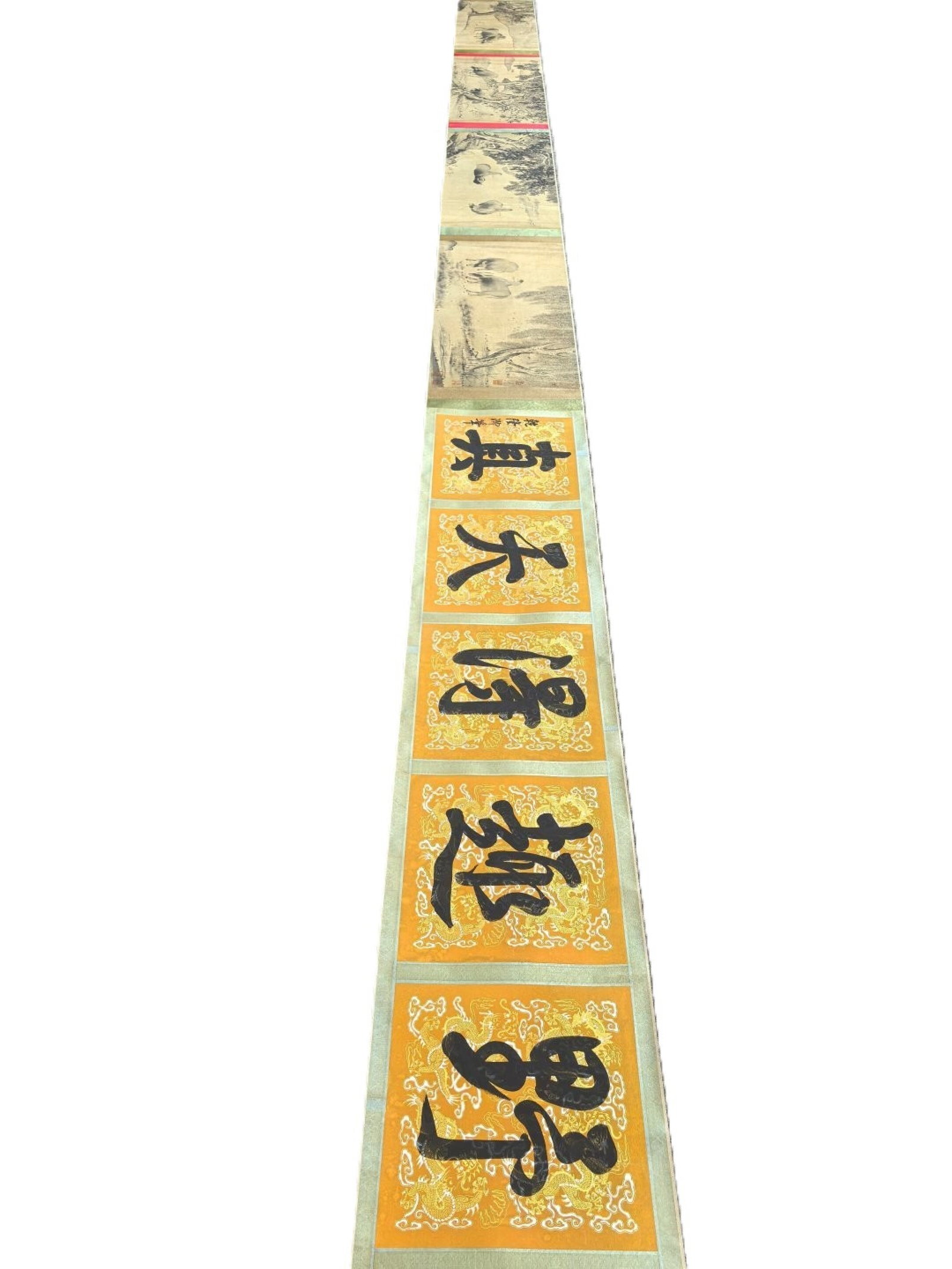 A Chinese Hand Scroll Ink Painting of Character and Story on Silk: A Chinese Hand Scroll Ink Painting of Character and Story on Silk,Yan Ciping,Size:15inx315in 一幅中国水墨绢本人物故事画