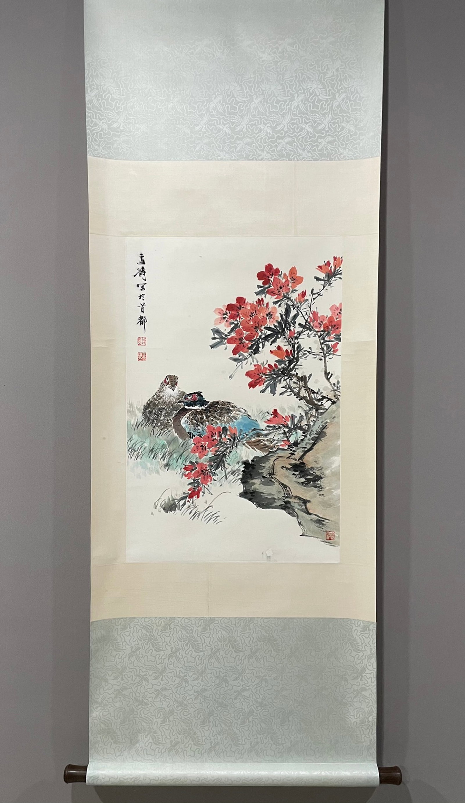 A Chinese Vertical Scroll Ink Painting of Flower and Bird on Paper: A Chinese Vertical Scroll Ink Painting of Flower and Bird on Paper,Wang Xuetao,Size:27.2inx17.7in 一幅中国水墨花鸟画立轴,王Ƃ