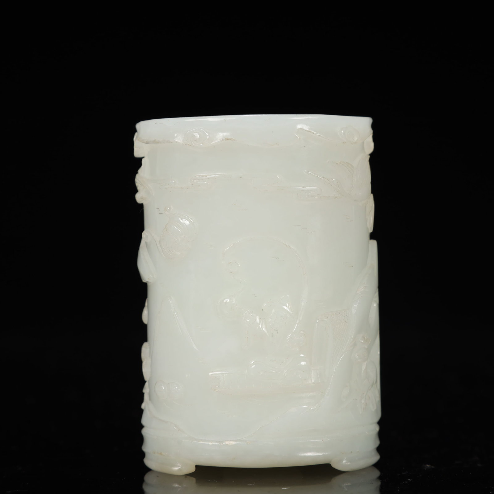 An Exquisite White Jade Landscape and Figure Pattern Tripod Brush Pot - 2