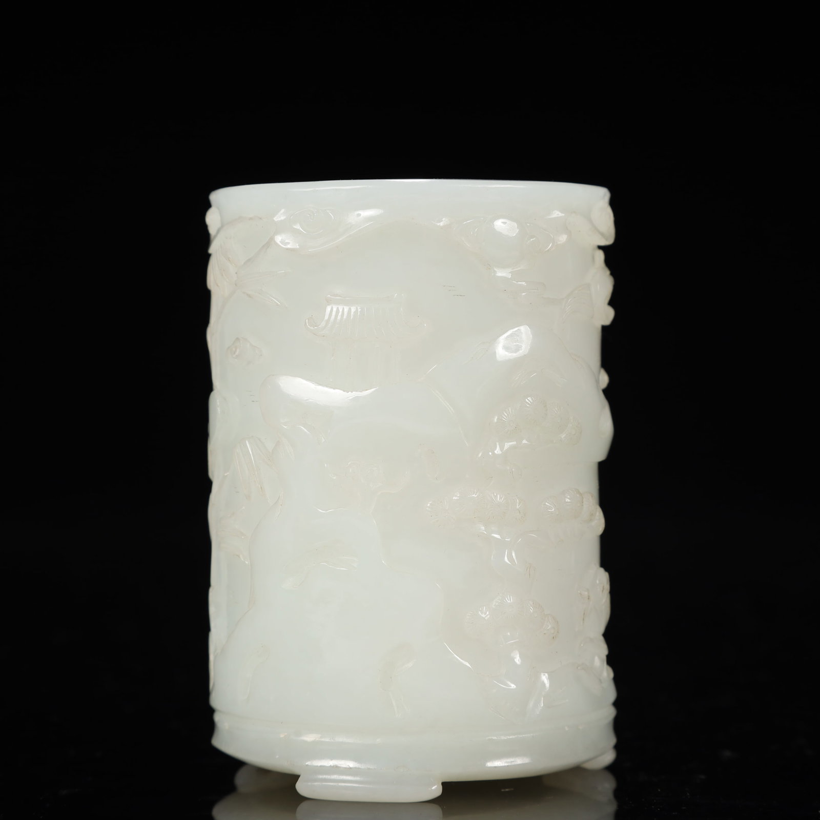 An Exquisite White Jade Landscape and Figure Pattern Tripod Brush Pot - 5