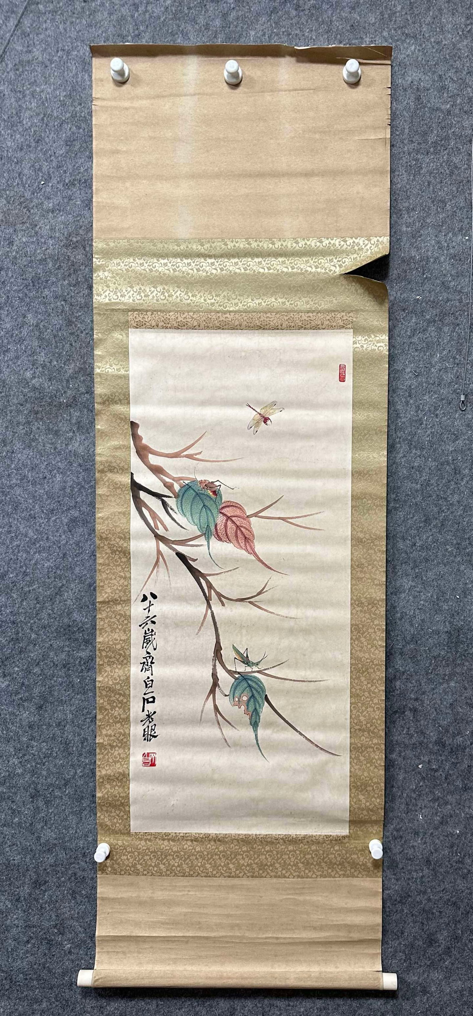 A Chinese Vertical Scroll Ink Painting of Insect on Paper: A Chinese Vertical Scroll Ink Painting of Insect on Paper,Qi Baishi,Size:16.3inx37.4in 一幅中国水墨昆虫画立轴,齐白石