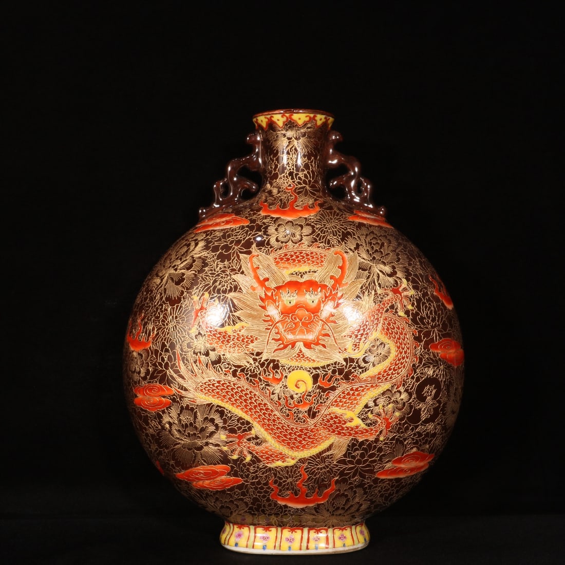 A Rare Cloisonne Auspicious Cloud and Dragon Pattern Double-Ears Vase: A Rare Cloisonne Auspicious Cloud and Dragon Pattern Double-Ears Vase,Qing Dynasty,China,Qianlong Six-character Mark,Size:13.8inx9.8in