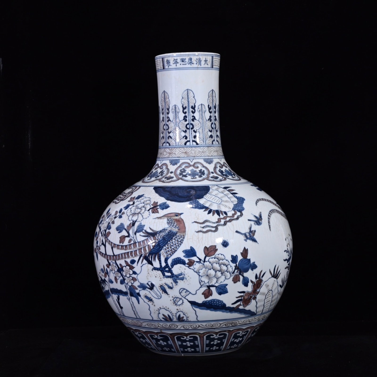 A Huge Blue and White Underglaze-Red Flower and Bird Pattern Vase: A Huge Blue and White Underglaze-Red Flower and Bird Pattern Vase,Qing Dynasty,China,Kangxi Six-character Mark,Size:20.1inx13.4in