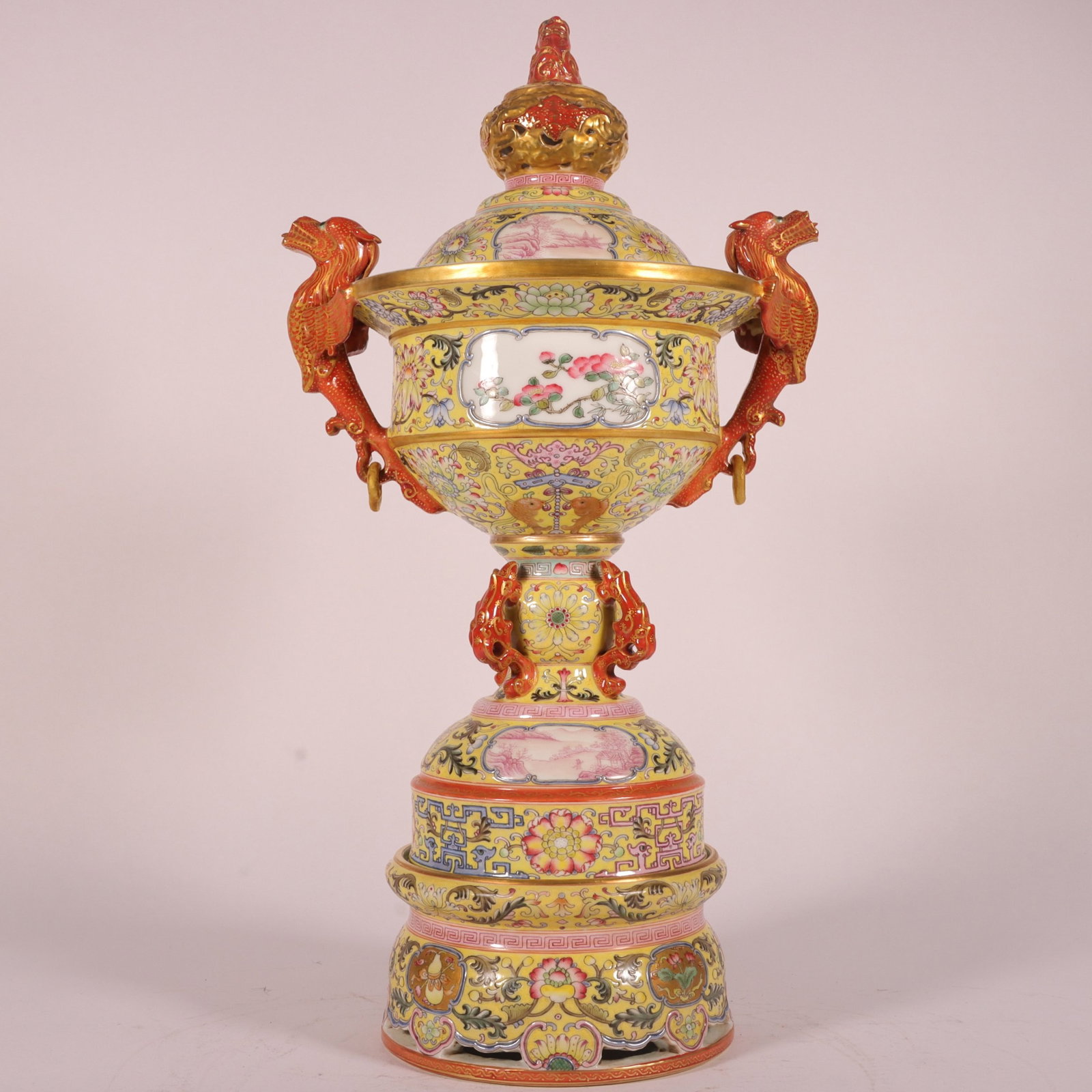 A Rare Yellow Ground Enamel Lotus Pattern Double-Ears Censer: A Rare Yellow Ground Enamel Lotus Pattern Double-Ears Censer,Qing Dynasty,China,Qianlong Four-character Mark,Size:15inx7.7in 黄地珐琅彩缠枝莲纹