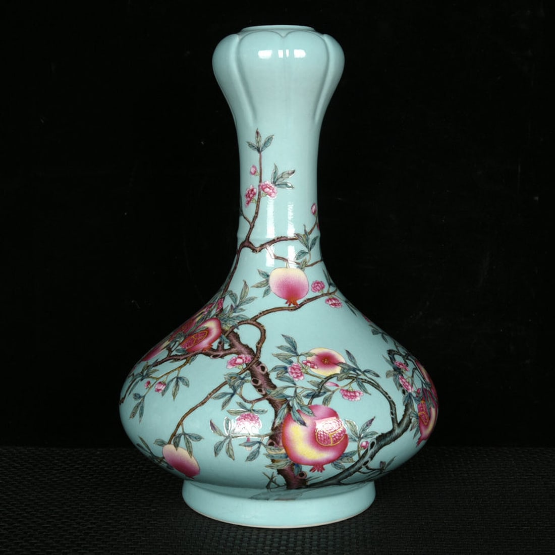 An Exquisite Green Ground Enamel Painted Gold Pomegranate Pattern Vase: An Exquisite Green Ground Enamel Painted Gold Pomegranate Pattern Vase,Qing Dynasty,China,Qianlong Six-character Mark,Size:10.8inx7.9in 绿地珐琅彩描金石