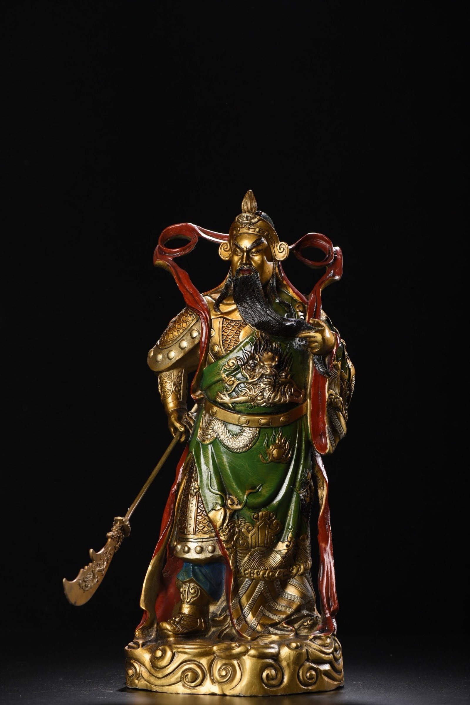 A Solemn Bronze Painted Color Statue of Guangong: A Solemn Bronze Painted Color Statue of Guangong,Qing Dynasty,China,Size:14.2inx6.7inx6.7in,Weight:5005g 铜彩绘关公像,中国清代
