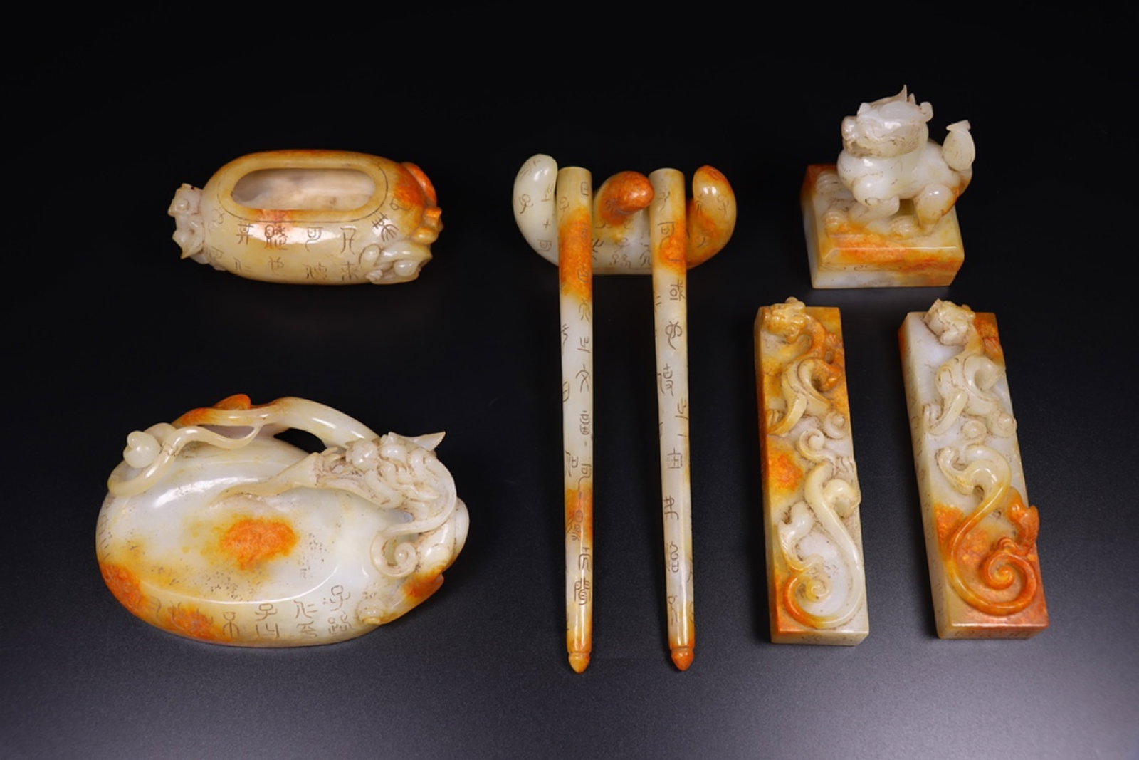 A Set of Fine White Jade Auspicious Beast Ornaments, With poem: A Set of Fine White Jade Auspicious Beast Ornaments, With poem,Qing Dynasty, China,Size:(Inkstone):5.3inx3.3inx2.2in,(Paper Weight):4.9inx1.2inx1.2in,(Seal):2.2inx1.8inx3.3in,Weight:1710g 一
