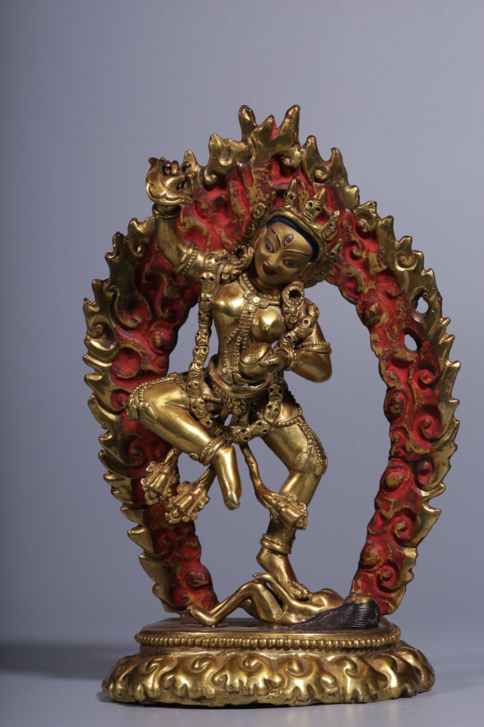 A Rare Gilt Bronze Statue of Dakini: A Rare Gilt Bronze Statue of Dakini,Qing Dynasty, China,Size:7.5inx4.3inx3in,Weight:1030g 铜鎏金空行母像,中国清代