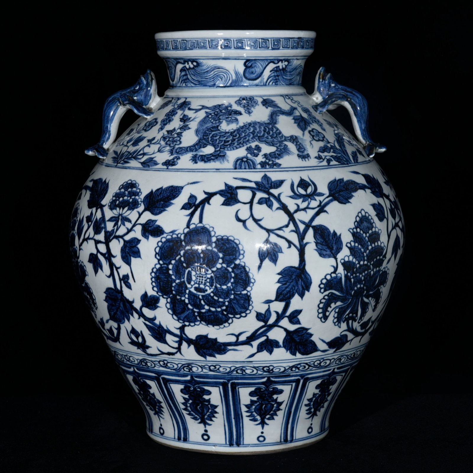 A Rare Blue and White Lotus and Kylin Pattern Double-Ears Jar: A Rare Blue and White Lotus and Kylin Pattern Double-Ears Jar,Yuan Dynasty,China,Size:15inx14.2in 青花缠枝莲麒麟纹双耳罐中ࢲ