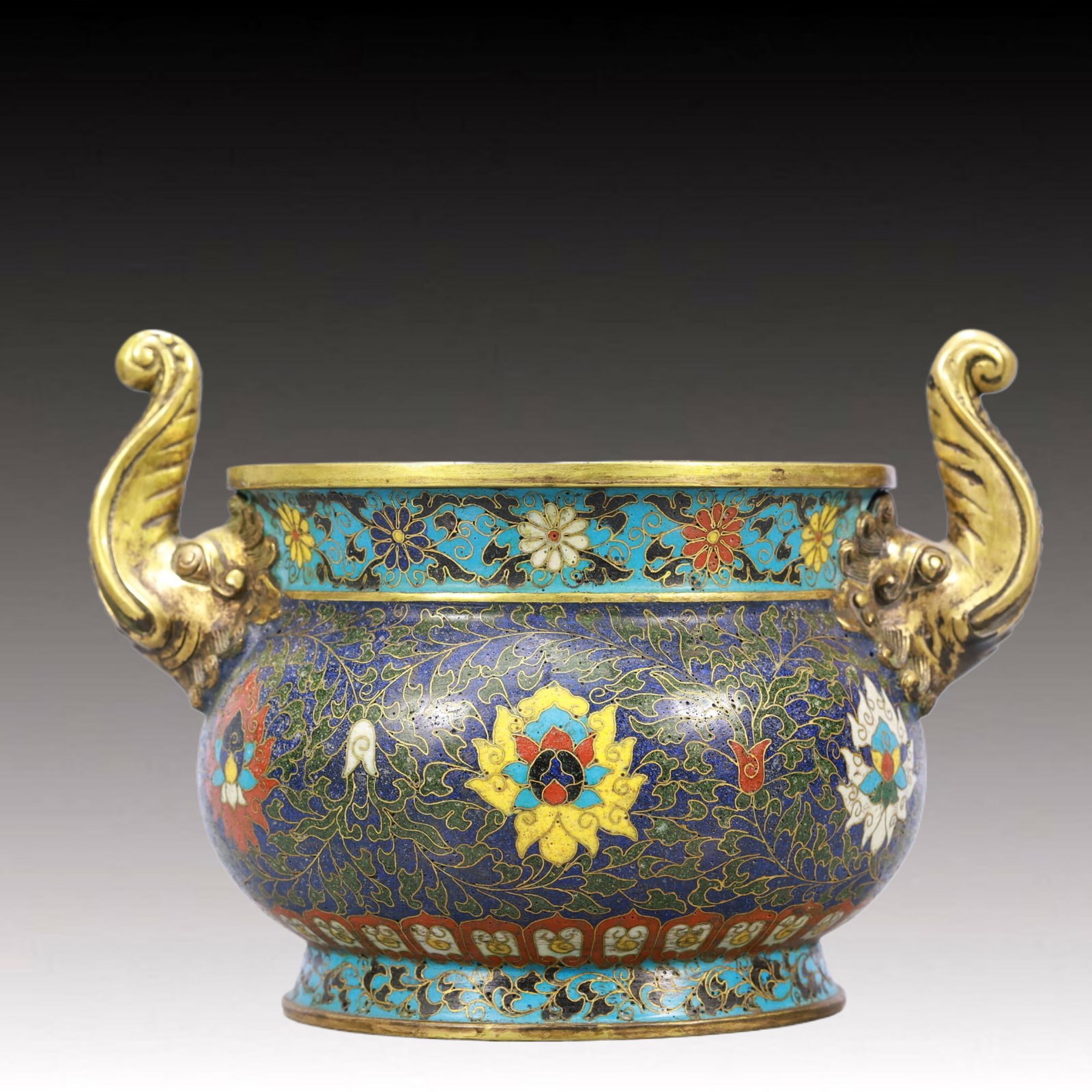 An Exquisite Cloisonne Lotus Pattern Elephant-Ears Censer: An Exquisite Cloisonne Lotus Pattern Elephant-Ears Censer,Ming Dynasty,China,Xuande Four-character Mark,Size:8.7inx6.3inx4.7in,Weight:1700g 景泰蓝缠枝莲纹#