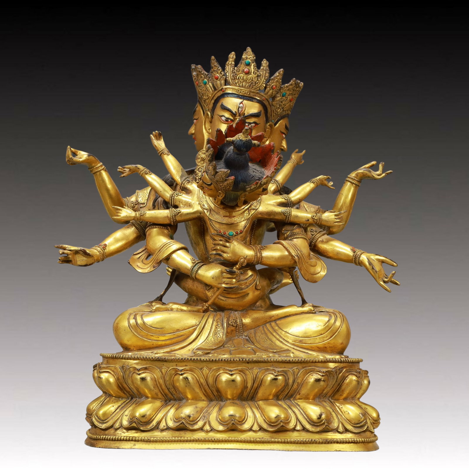 A Solemn Gilt Bronze Statue of Vajra,Inlaid Turquoise: A Solemn Gilt Bronze Statue of Vajra,Inlaid Turquoise,Ming Dynasty, China,Size:15.9inx7.1inx17.5in,Weight:23250g
