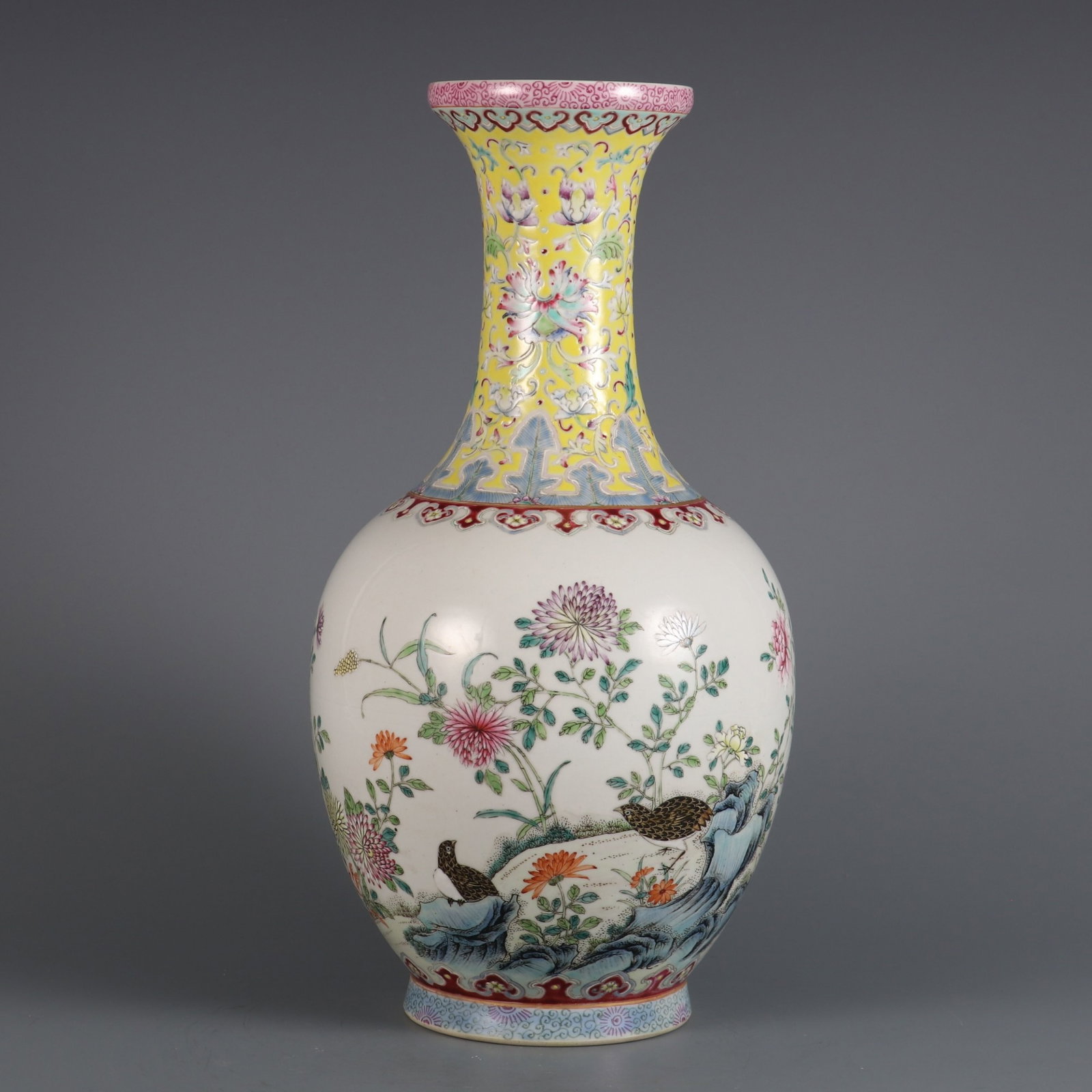 A Rare Famille-Rose Flower and Bird Pattern Vase: A Rare Famille-Rose Flower and Bird Pattern Vase,Qing Dynasty,China,Qianlong Six-character Mark,Size:12.9inx6.3in 粉彩花鸟纹瓶,中国清代,