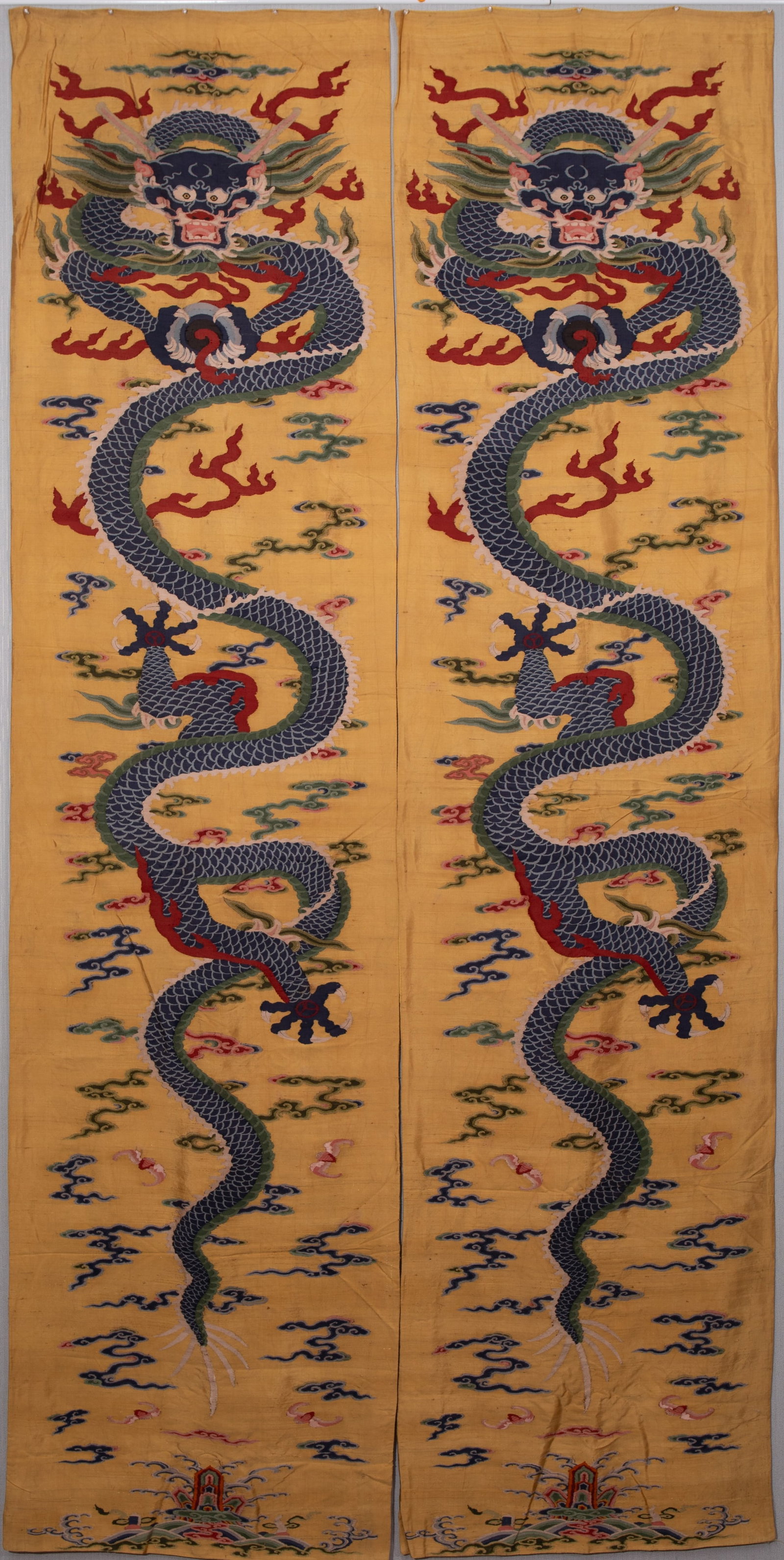 A Pair of Exquisite Kesi Embroidery Auspicious Cloud and Dragon Pattern: A Pair of Exquisite Kesi Embroidery Auspicious Cloud and Dragon Patterns,Qing Dynasty,China,Size:116.1inx28in 一对缂丝刺绣祥云龙图,中&