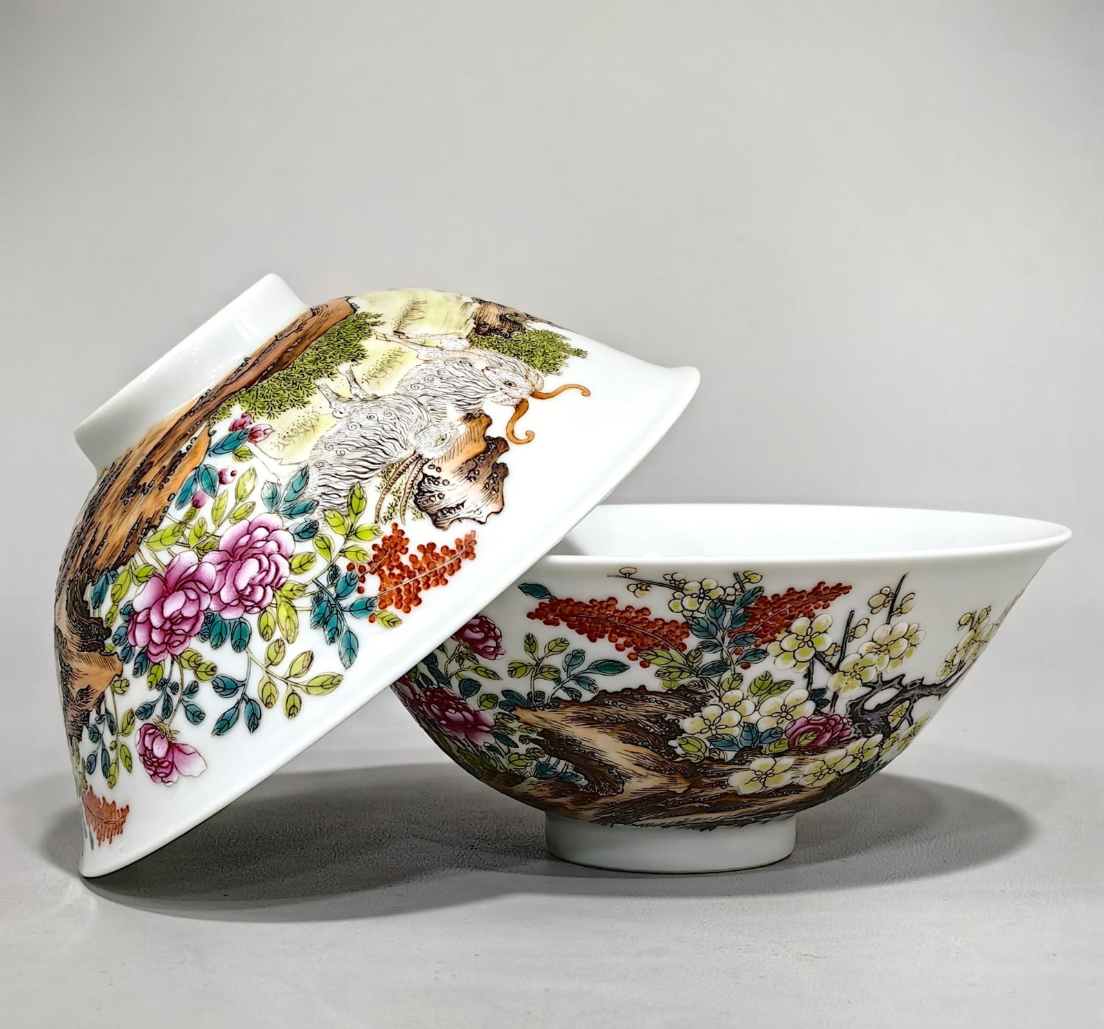 A Pair of Exquisite Famille-Rose Flower and Sheep Pattern Bowls: A Pair of Exquisite Famille-Rose Flower and Sheep Pattern Bowl,Qing Dynasty,China,Daoguang Six-character Mark,Size:2.1inx5.6ins 一对粉彩花卉羊纹碗