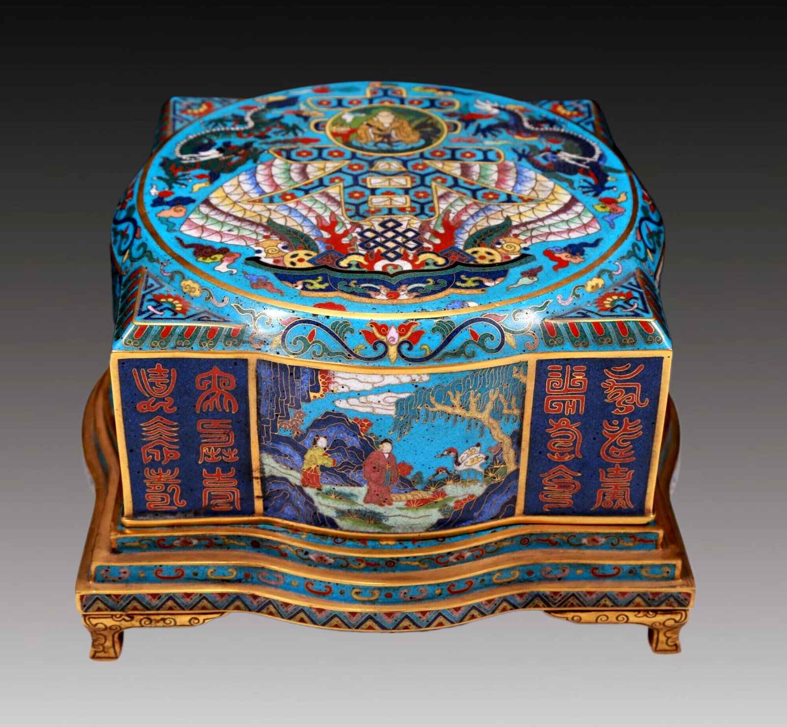 An Elaborate Cloisonne 'Figure& Landscape' Box: An Elaborate Cloisonne 'Figure& Landscape' Box. Enameled with polychrome figures, all reserved on a sky-blue ground. Chinese Qing Dynasty. Qianlong Four-Character Mark. Size:8.3inx5.5in. Weight:3640g 