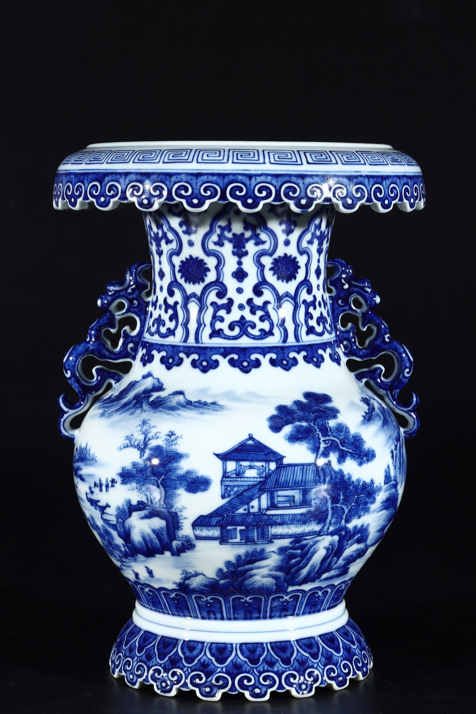An Exquisite Blue and White Landscape Pattern Double-Ears Vase: An Exquisite Blue and White Landscape Pattern Double-Ears Vase,Qing Dynasty,China,Yongzheng Six-character Mark,Size:10inx7in 青花山水纹双耳瓶中