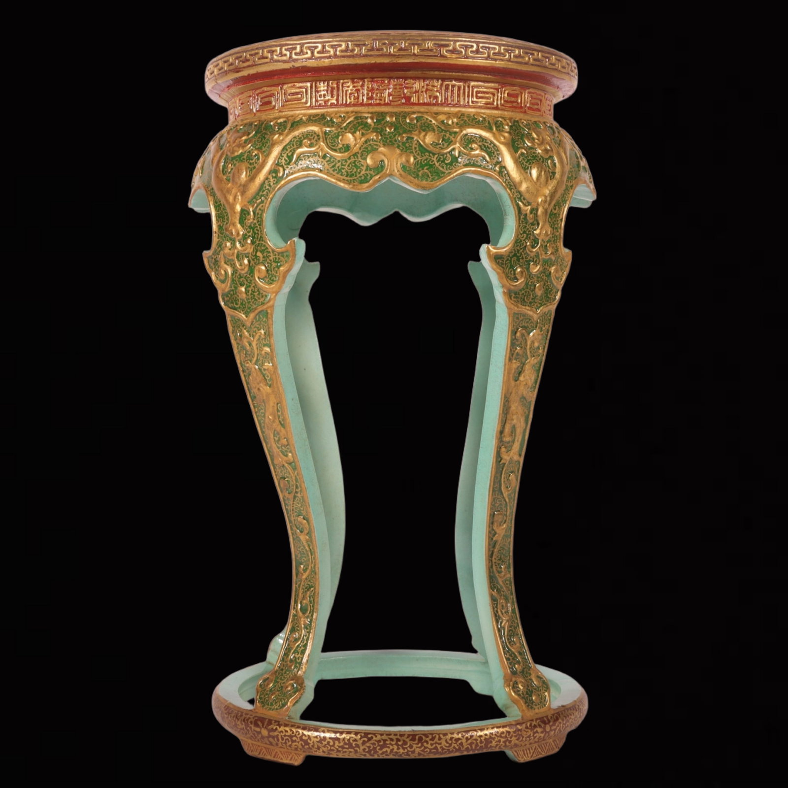 An Exquisite Enamel Green Ground Painted Gold Lotus Pattern Stool,with an Imperial Poem by Emperor: An Exquisite Enamel Green Ground Painted Gold Lotus Pattern Stool,with an Imperial Poem by Emperor Qianlong,Qing Dynasty,China,Qianlong Six-character Mark,Size:8.3inx5in 珐琅彩ಳ