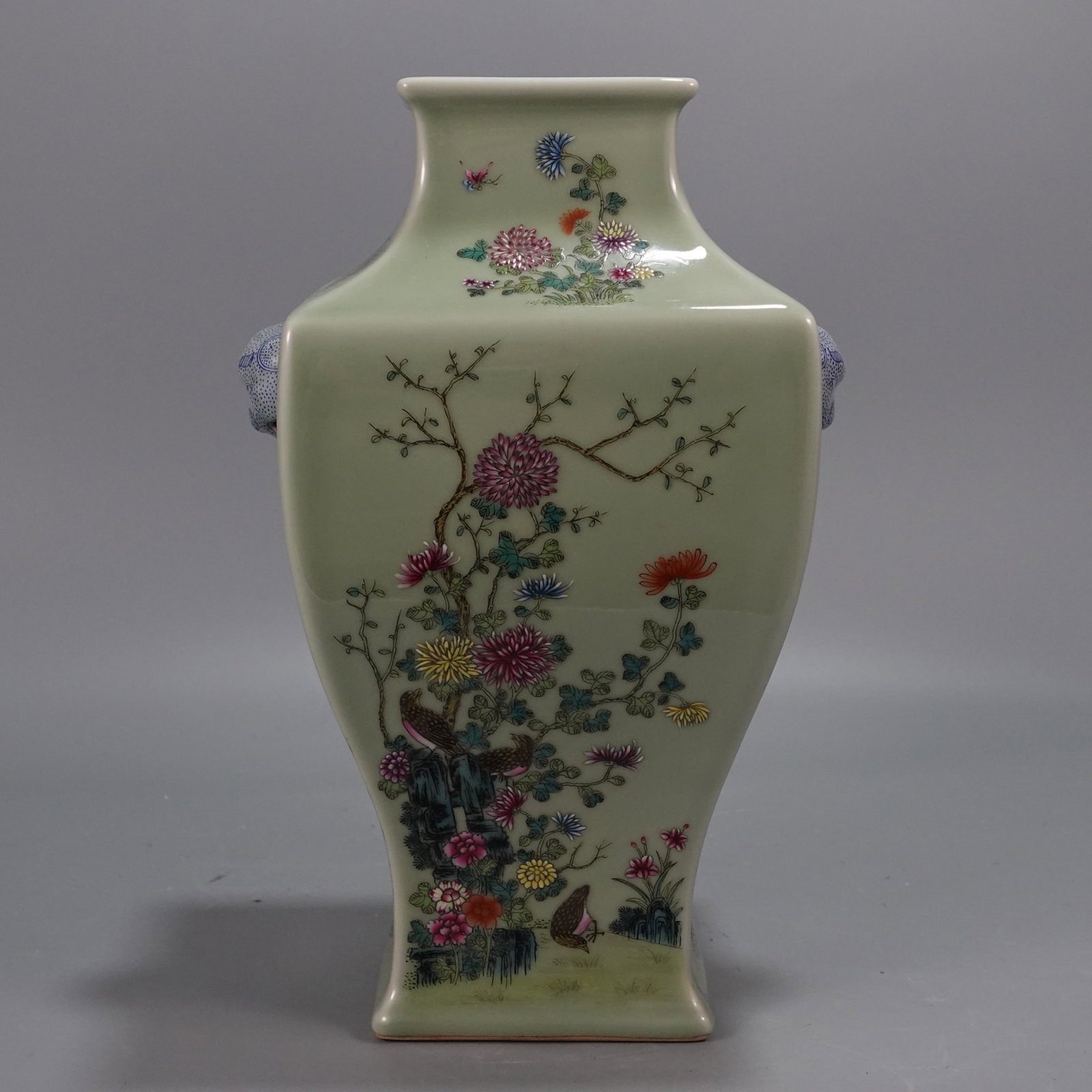 A Rare Famille-Rose Celadon Glazed Flower and Bird Pattern Beast-Ears Vase: A Rare Famille-Rose Celadon Glazed Flower and Bird Pattern Beast-Ears Vase,Qing Dynasty,China,Qianlong Six-character Mark,Size:12.6inx8.5in 粉彩青釉花鸟纹