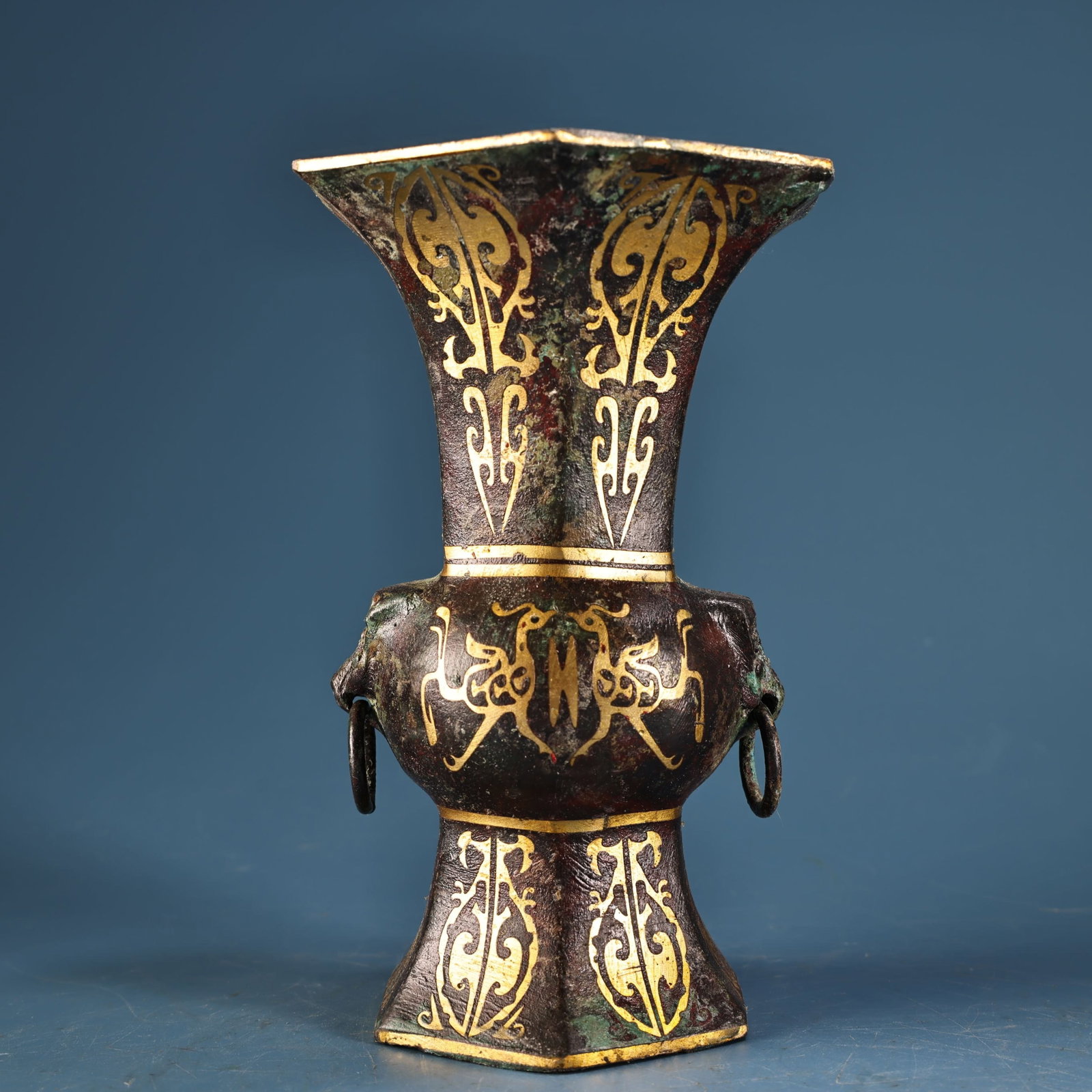 An Exquisite Bronze Inlaid Gold and Silver Beast-Face Pattern Vase,With Inscription: An Exquisite Bronze Inlaid Gold and Silver Beast-Face Pattern Vase,With Inscription,Ancient Time,China,Size:6.3inx3.9in,Weight:700g 铜错金银兽面纹瓶,