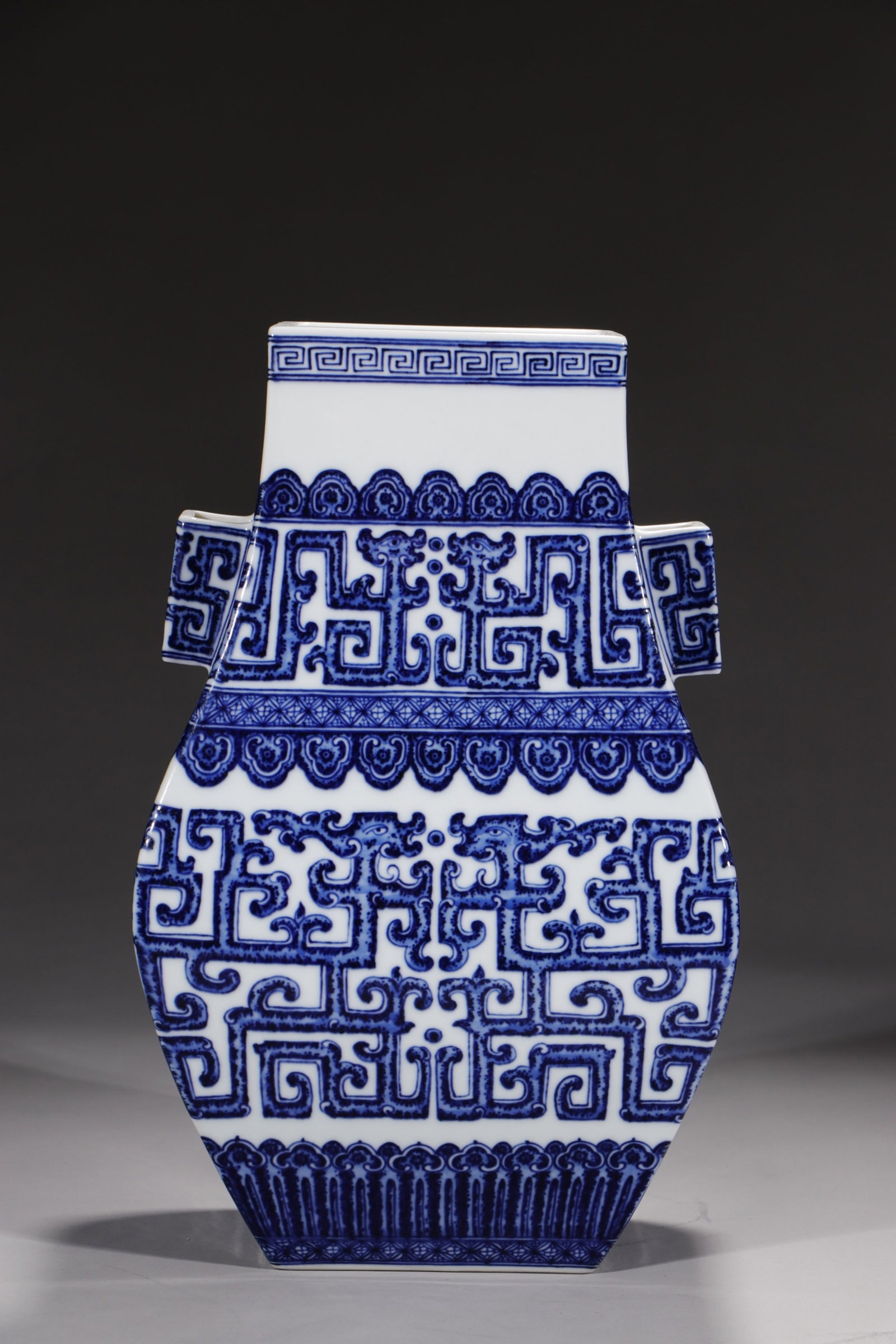 A Rare Blue and White Chi-Dragon Pattern Double-Ears Vase: A Rare Blue and White Chi-Dragon Pattern Double-Ears Vase,Qing Dynasty,China,Qianlong Six-character Mark,Size:13.6in 青花螭龙纹双耳瓶中国