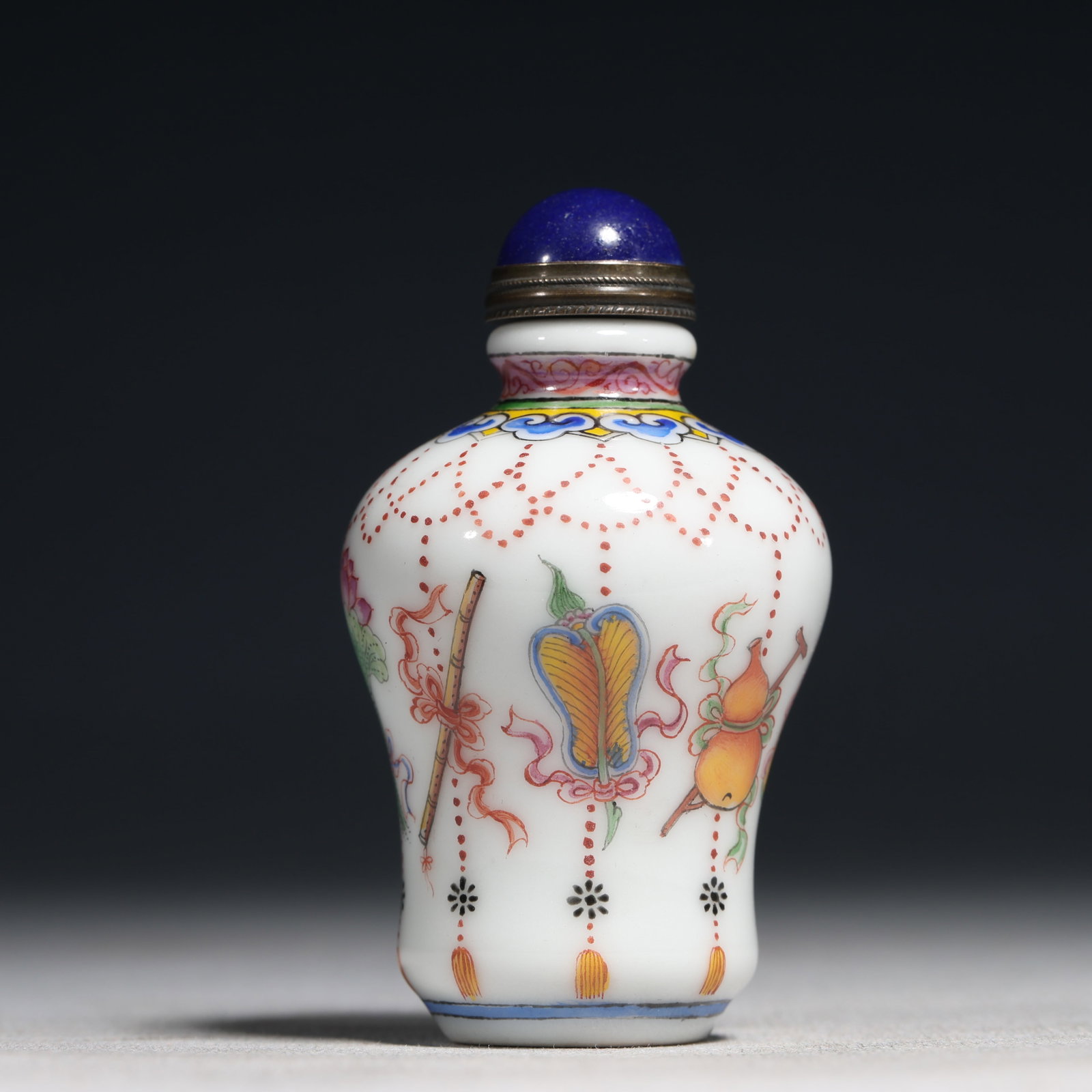 An Exquisite Painted Enamel Eight Treasures Pattern Porcelain Snuff Bottle: An Exquisite Painted Enamel Eight Treasures Pattern Porcelain Snuff Bottle,Qing Dynasty,China,Qianlong Four-character Mark,Size:1.6inx2.8in 瓷胎画珐琅彩八