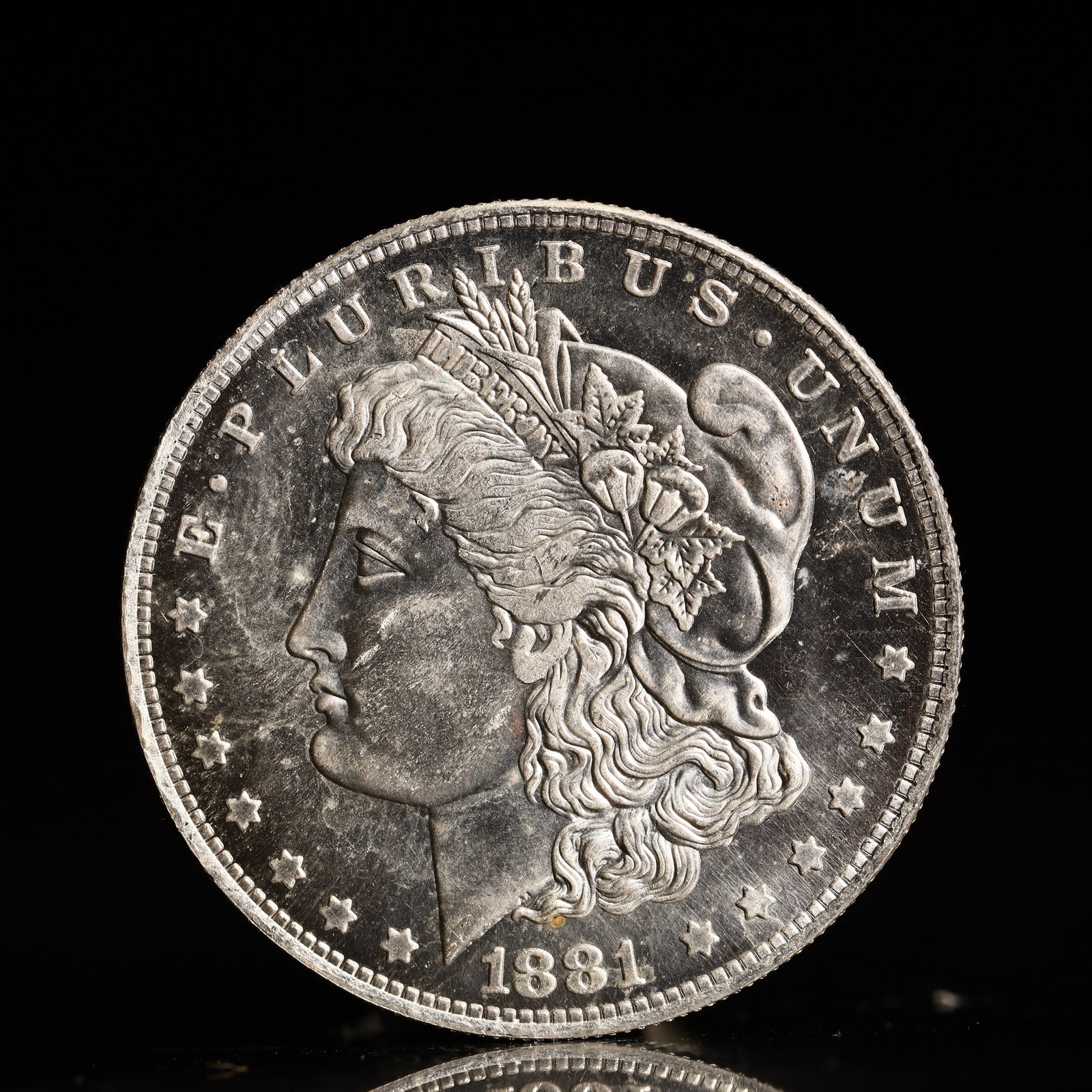 USA Morgan Dollar 1881 Coin: Obv: profile bust with date below and E PLURIBUS UNUM legend and stars around. Rev: eagle with In God we trust above within wreath with UNITED STATES OF AMERICA ONE DOLLAR legend. IN GOD WE TRUST / LI