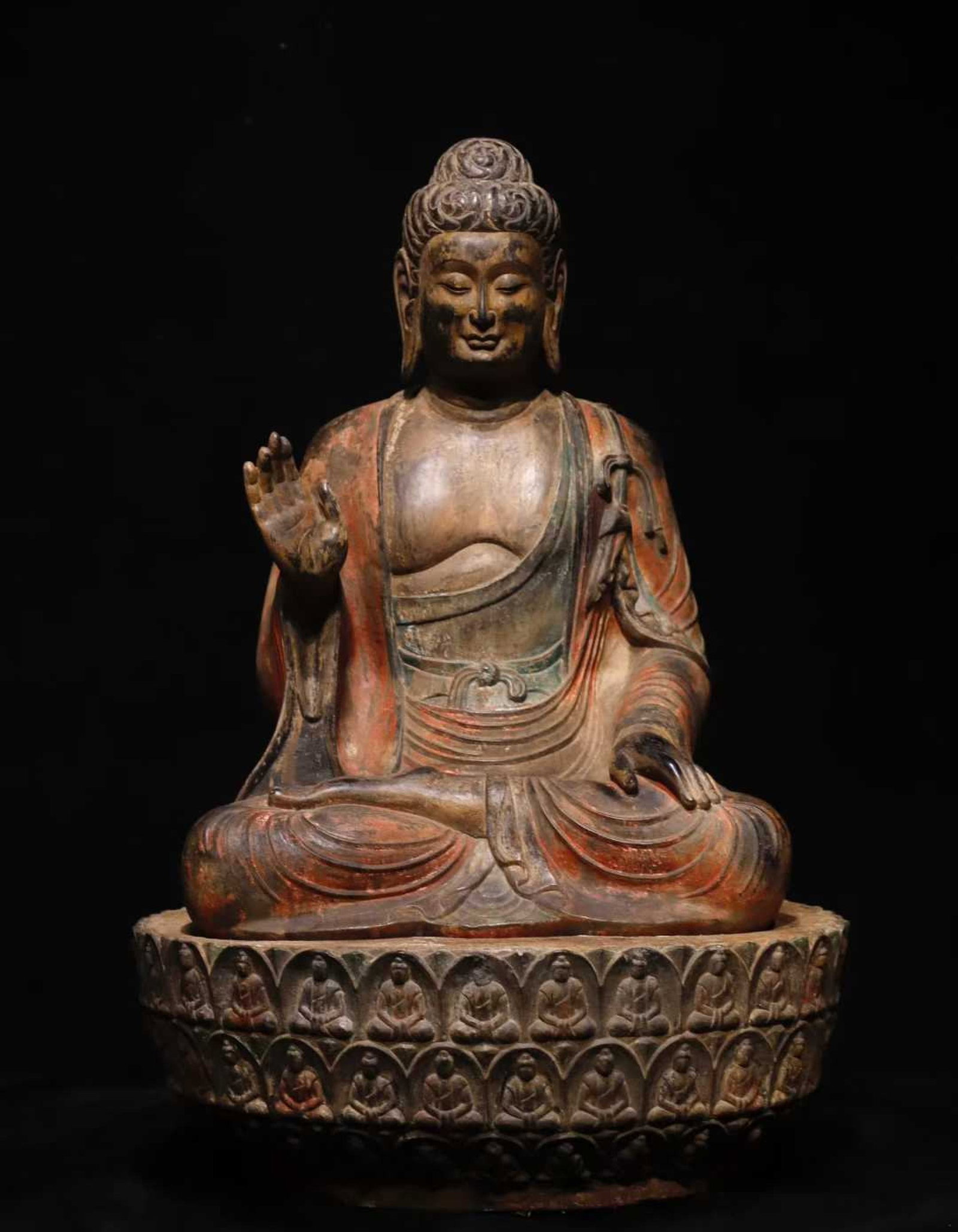 A Solemn Limestone Painted Color Statue of Sakyamuni: A Solemn Limestone Painted Color Statue of Sakyamuni,Tang Dynasty,China,Size:35.4inx22.8inx20.9in 青石彩绘释迦牟尼像,中国唐É
