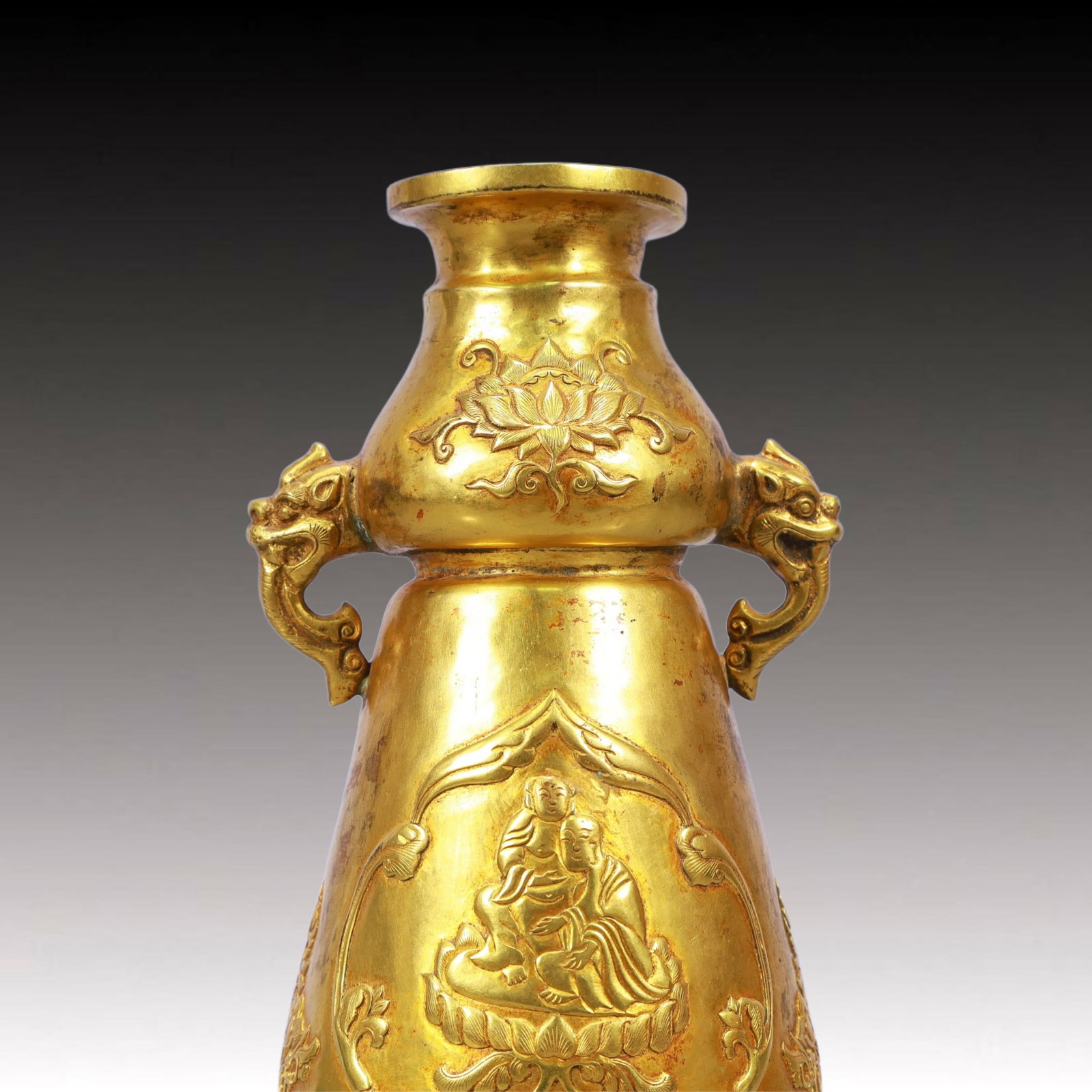 A Rare Gilt Bronze Arhat Pattern Double-Ears Vase - 2