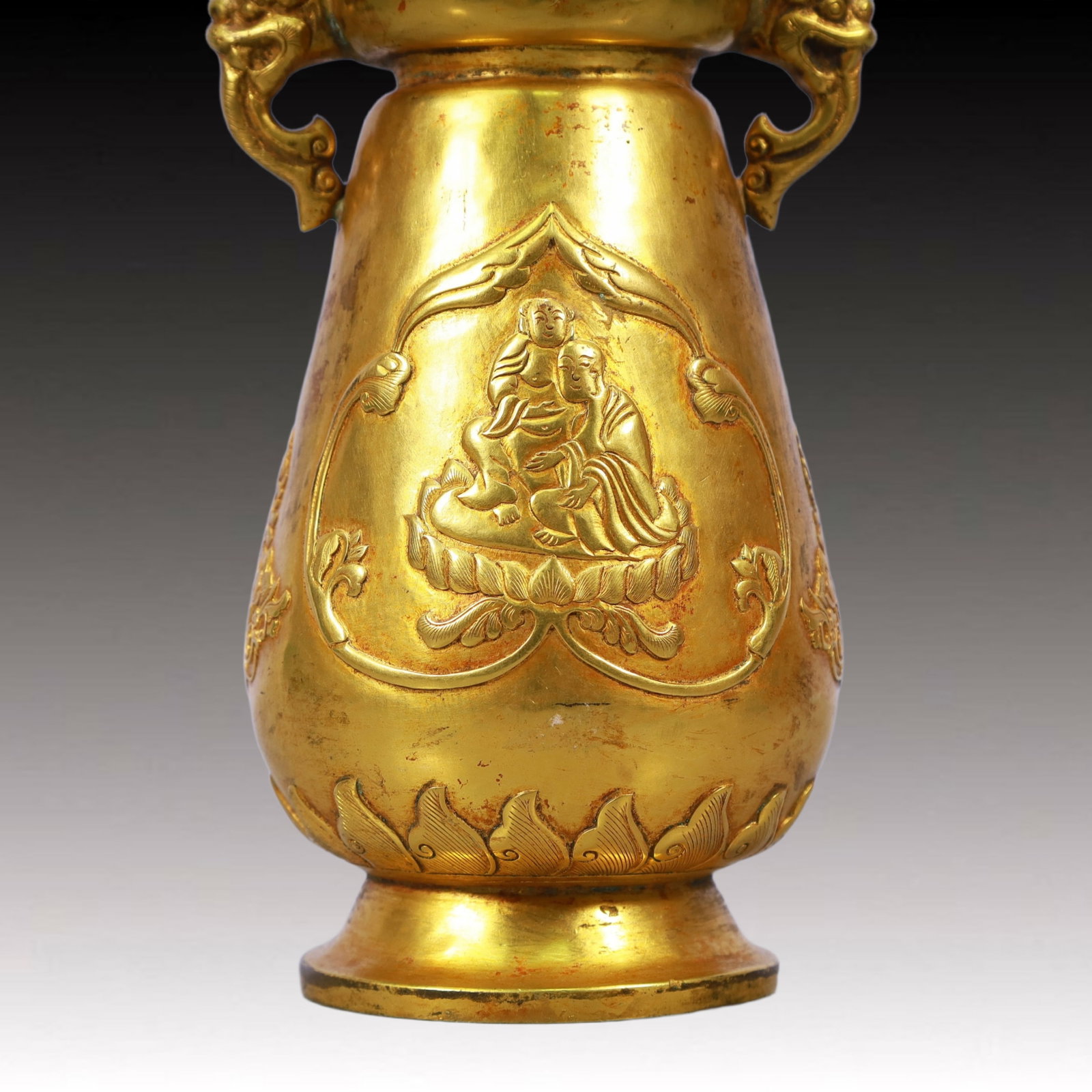A Rare Gilt Bronze Arhat Pattern Double-Ears Vase - 3