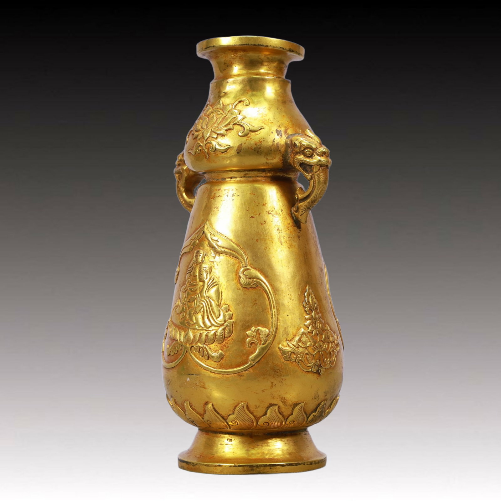 A Rare Gilt Bronze Arhat Pattern Double-Ears Vase - 4