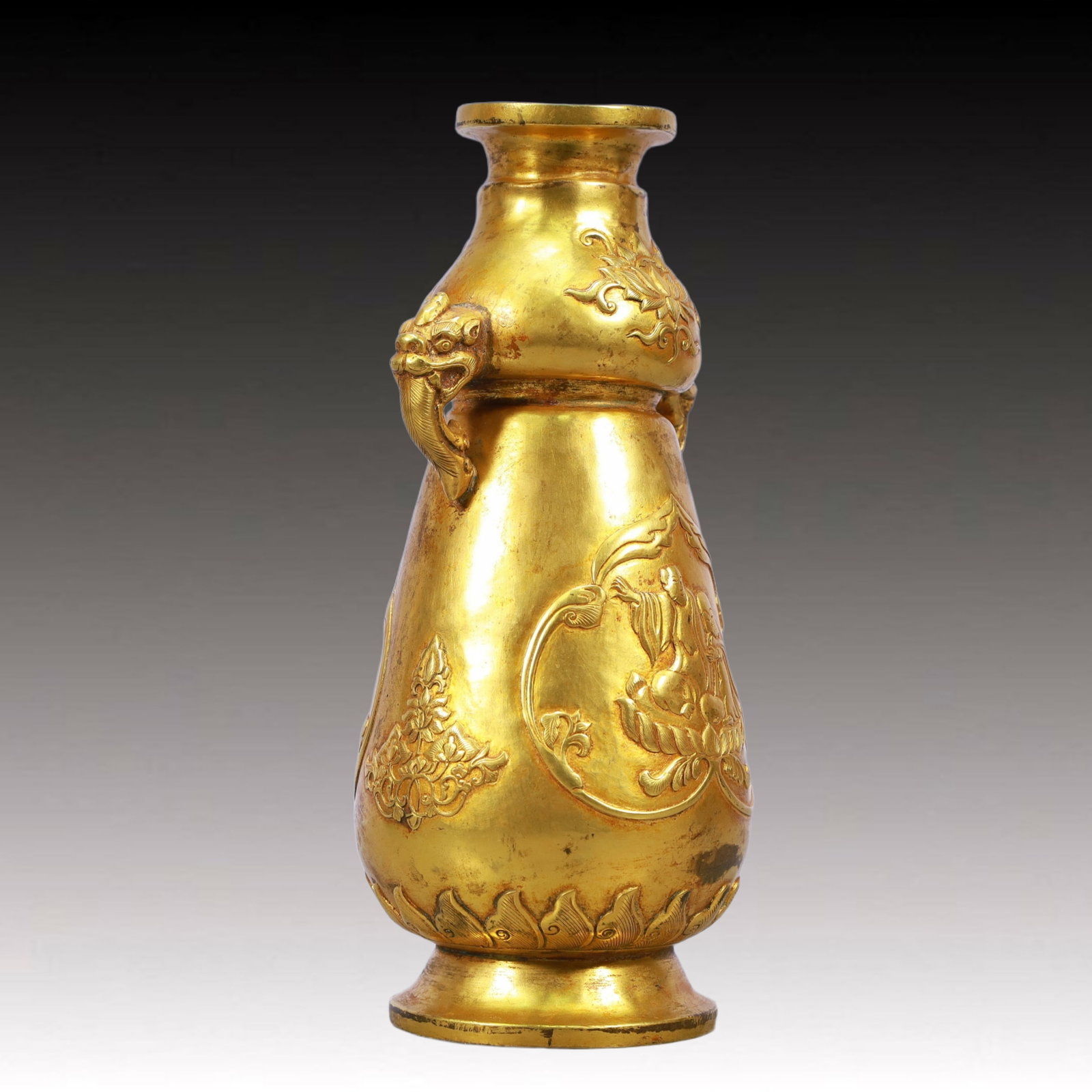 A Rare Gilt Bronze Arhat Pattern Double-Ears Vase - 6