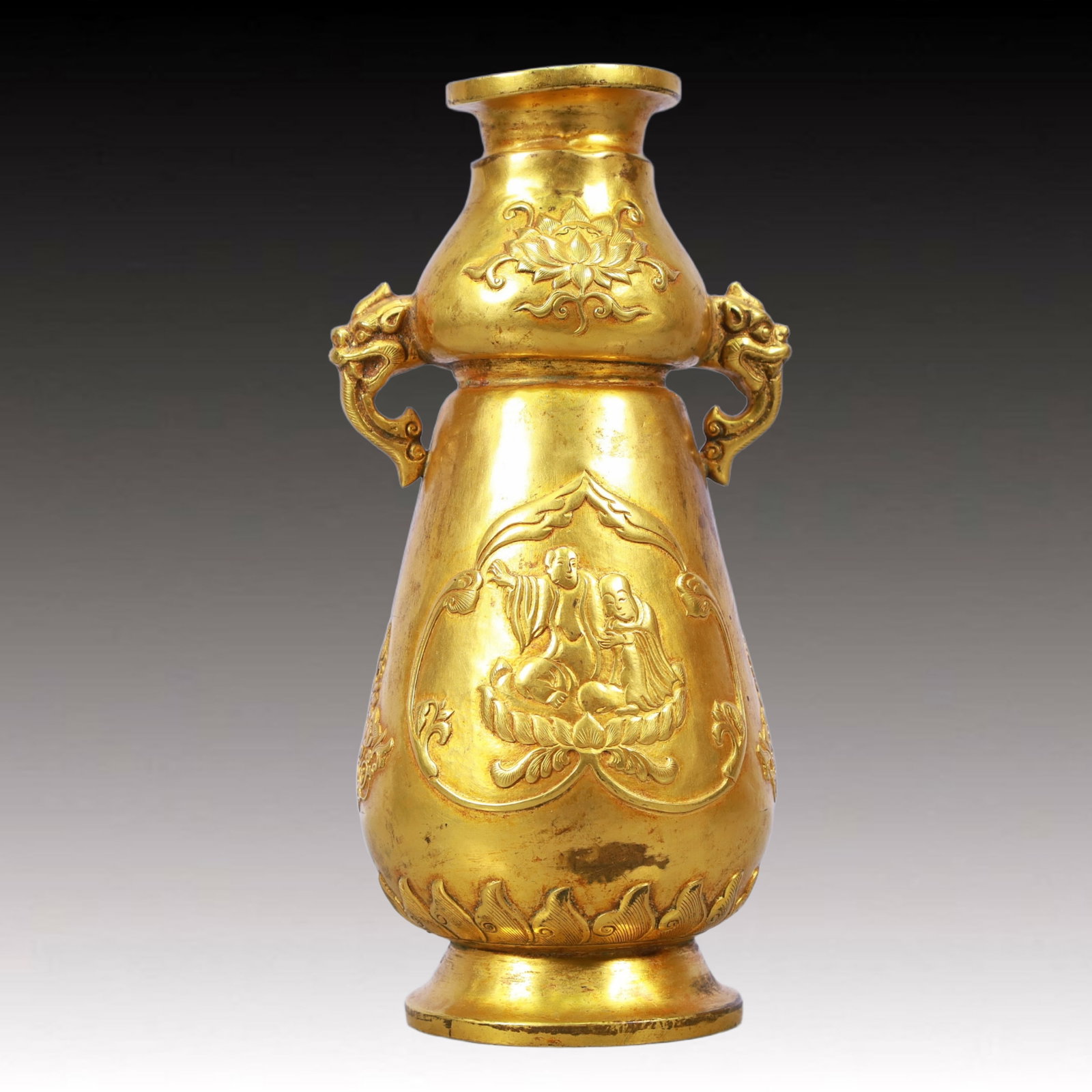 A Rare Gilt Bronze Arhat Pattern Double-Ears Vase - 7