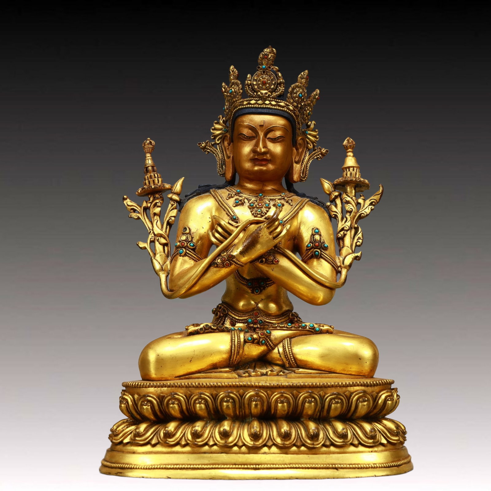 A Solemn Gilt Bronze Statue of Bodhisattva,Inlaid Turquoise,With Inscription: A Solemn Gilt Bronze Statue of Bodhisattva,Inlaid Turquoise,With Inscription,Ming Dynasty, China,Size:8.3inx5.5inx14in,Weight:5750g 铜鎏金金刚总持像,