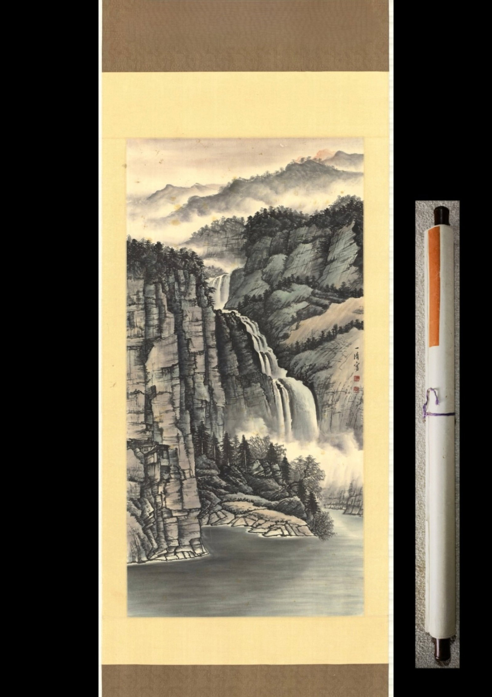 A Chinese Vertical Scroll Ink Painting of Landscape on Paper: A Chinese Vertical Scroll Ink Painting of Landscape on Paper,Tao Yiqing,Size:(Entirety)90.6inx32.3in,(Without Frame)53.1inx26.8in 一幅中国水墨山水ஹ