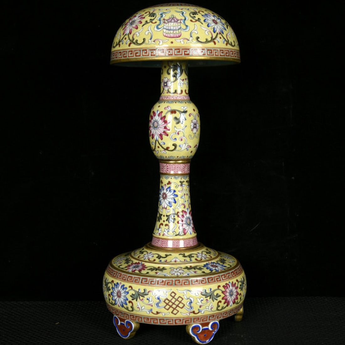 A Rare Yellow Ground Enamel Painted Gold Lotus and Eight Treasures Pattern Hatstand: A Rare Yellow Ground Enamel Painted Gold Lotus and Eight Treasures Pattern Hatstand,Qing Dynasty,China,Qianlong Four-character Mark,Size:15.4inx7.1in