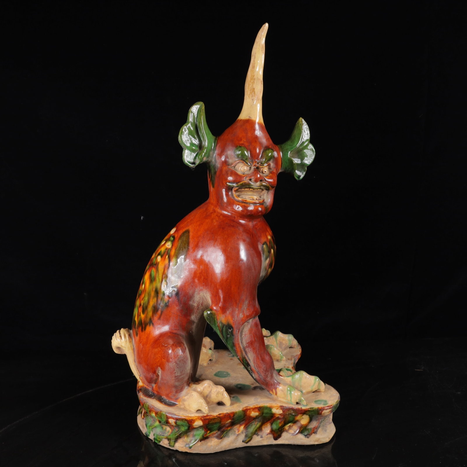 An Exquisite Tang Tri-Color Glazed Pottery Unicorn Ornament: An Exquisite Tang Tri-Color Glazed Pottery Unicorn Ornament,Tang Dynasty,China,Size:22.4inx11.4inx9.8in,Weight:5340g