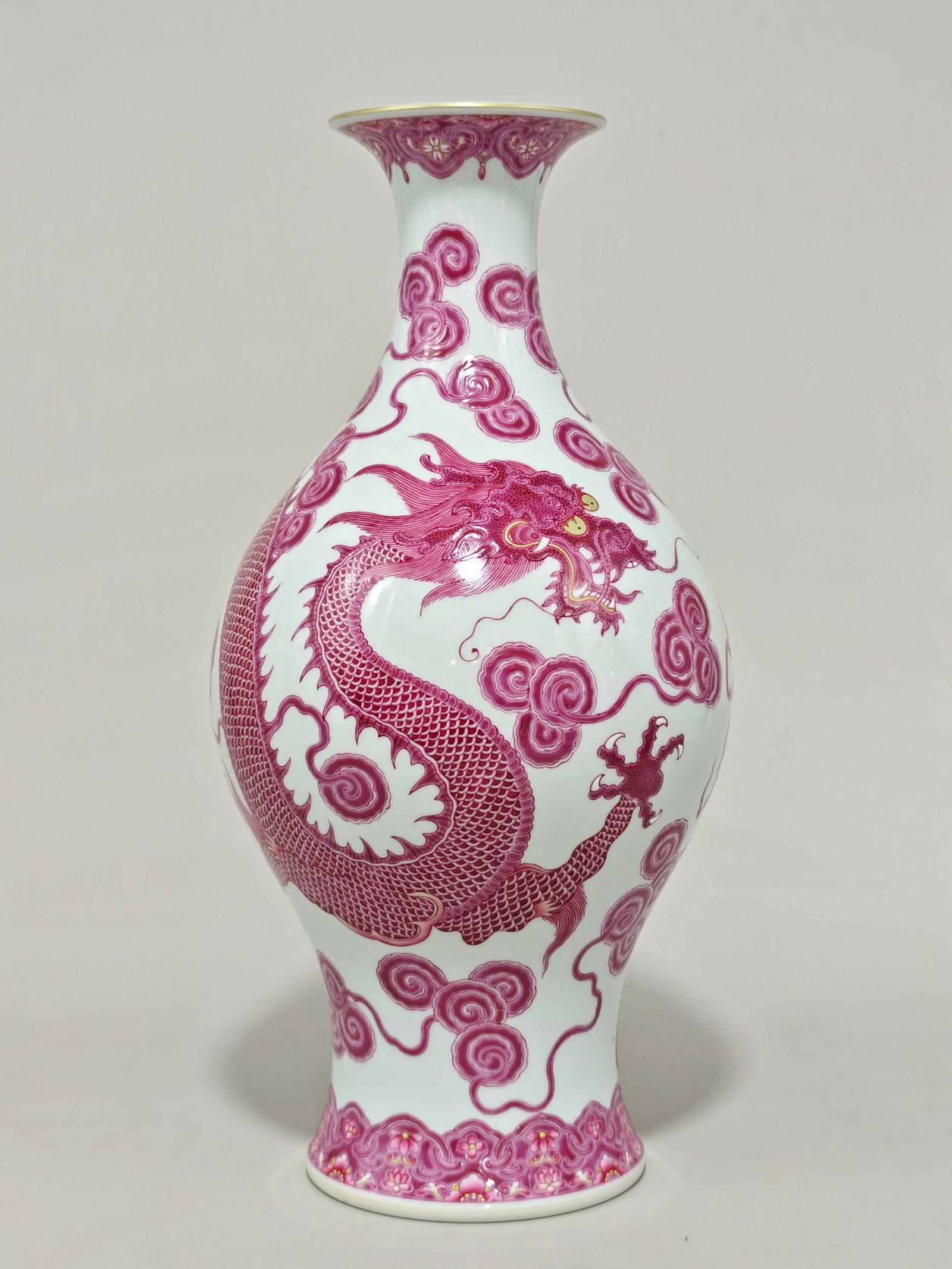 A Rare Enamel Ruby Red-Glazed Dragon and Phoenix Pattern Vase: A Rare Enamel Ruby Red-Glazed Dragon and Phoenix Pattern Vase,Qing Dynasty,China,Qianlong Six-character Mark,Size:13.8inx6.7in 珐琅彩胭脂红龙凤纹&