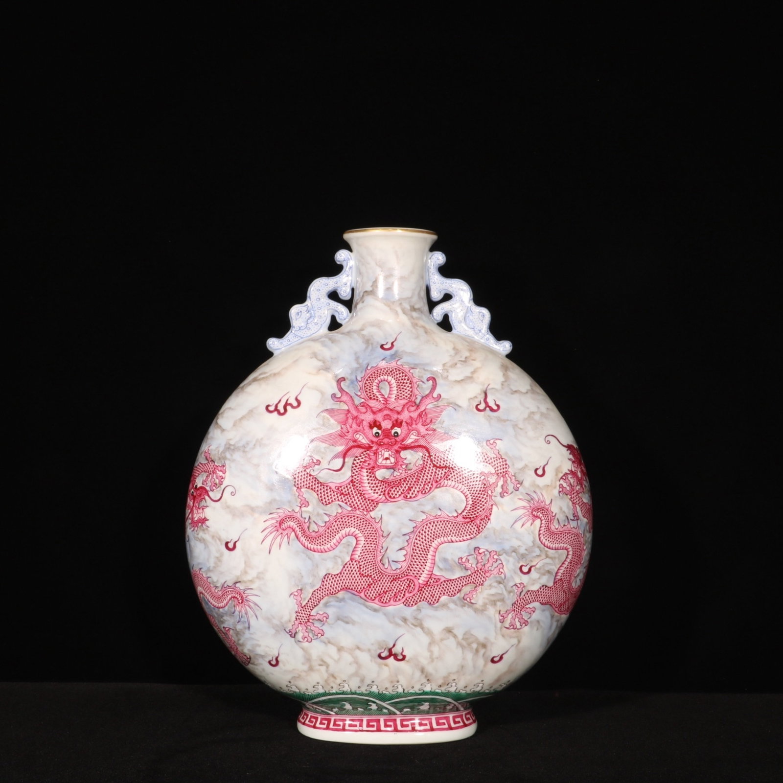 A Rare Ruby Red-Glazed Painted Gold Dragon Pattern Double-Ears Vase: A Rare Ruby Red-Glazed Painted Gold Dragon Pattern Double-Ears Vase,Qing Dynasty,China,Qianlong Six-character Mark,Size:12.6inx9.4in